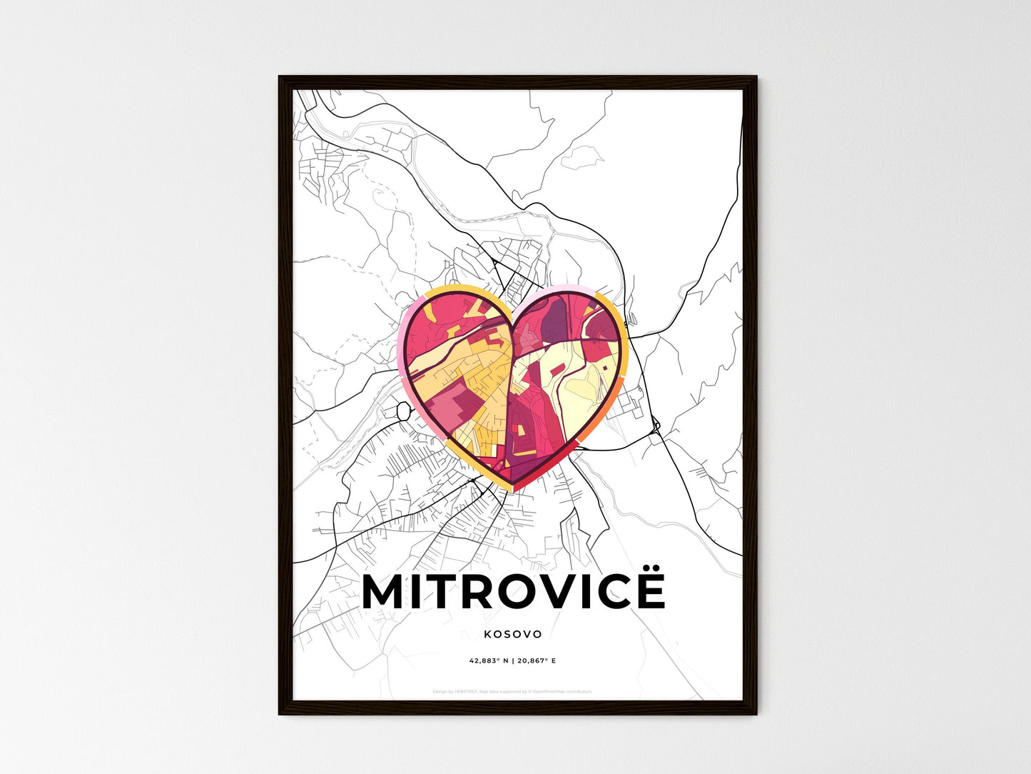 Mitrovicë / Kosovska Mitrovica Kosovo wedding art map with heart icon