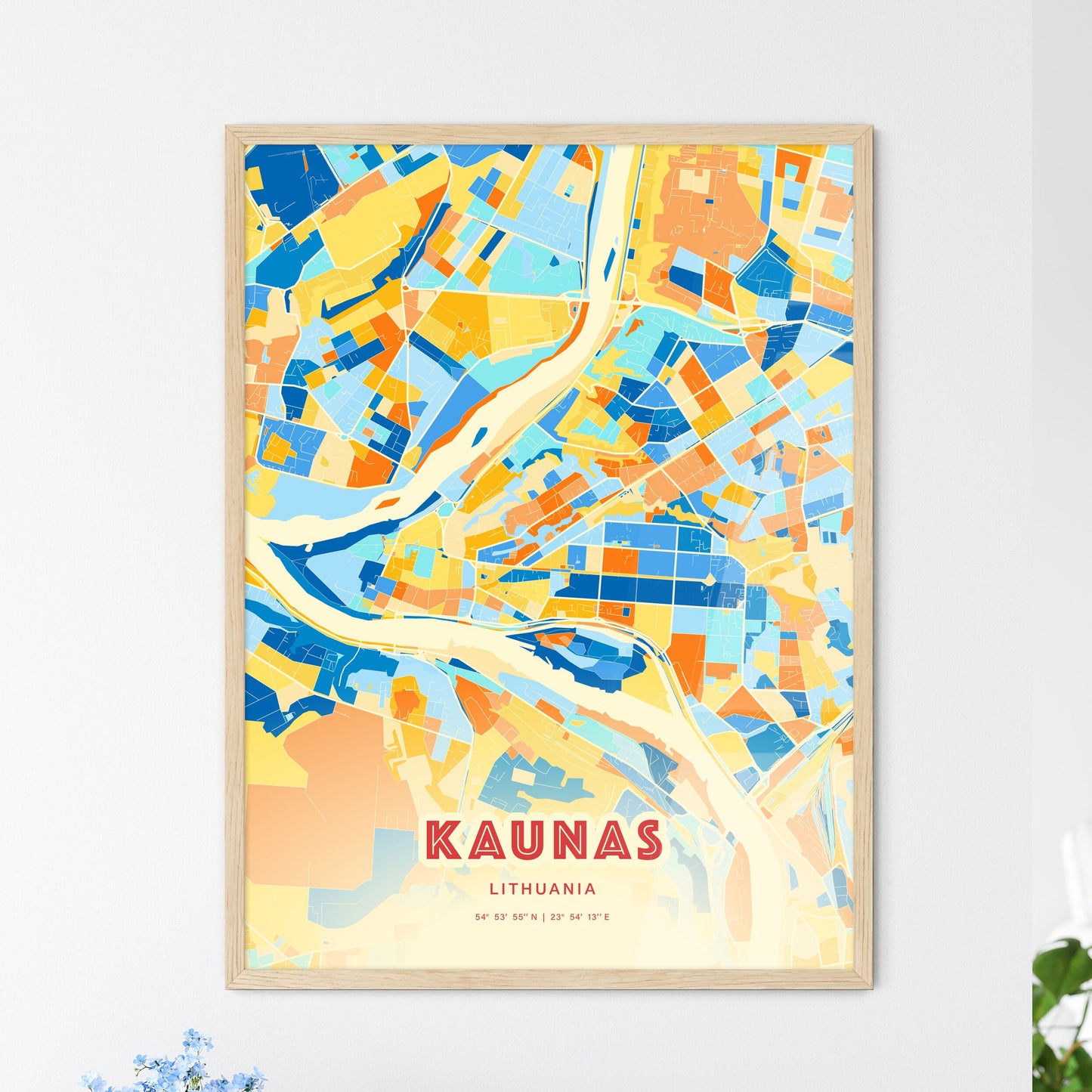 Colorful KAUNAS LITHUANIA Fine Art Map Blue Orange