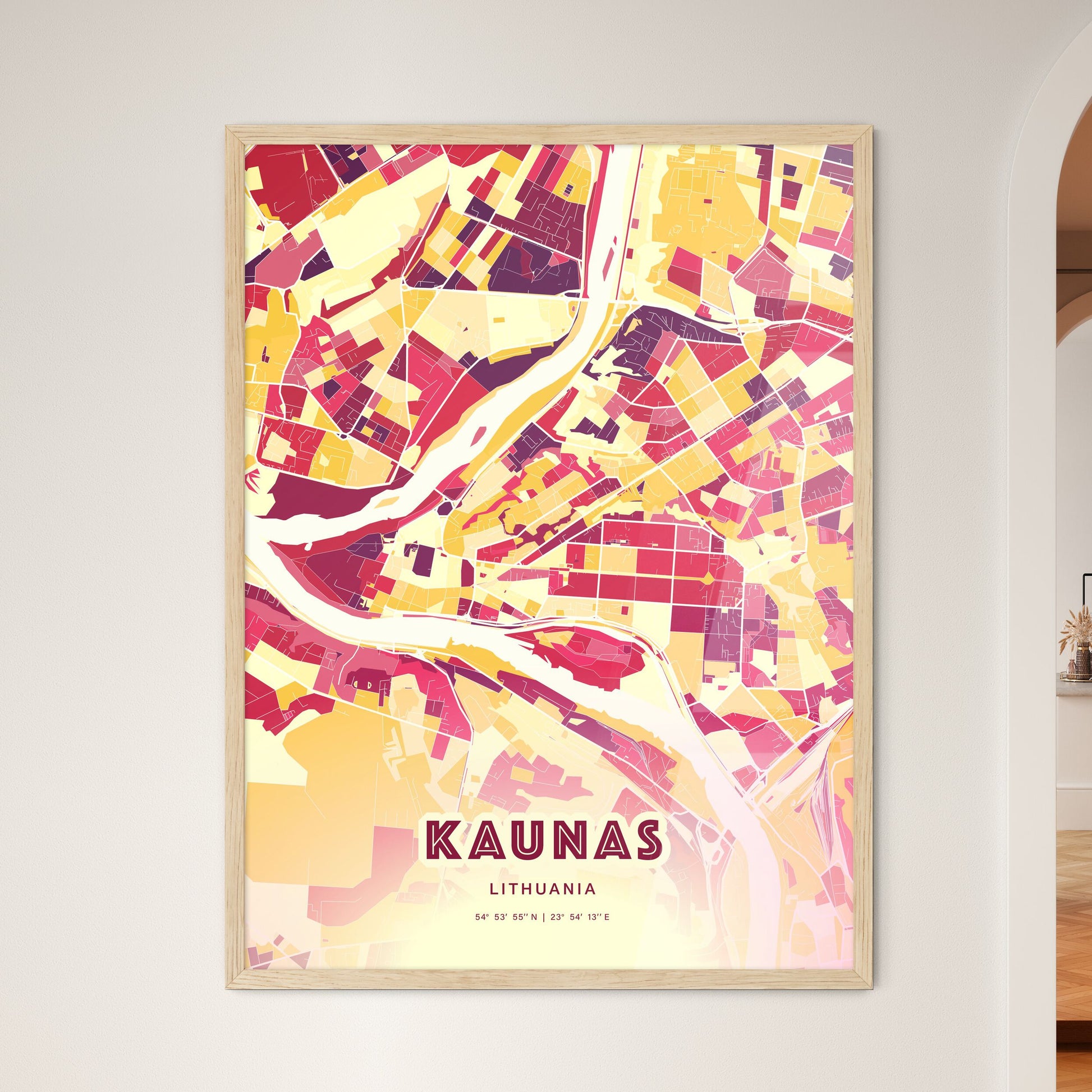 Colorful KAUNAS LITHUANIA Fine Art Map Hot Red