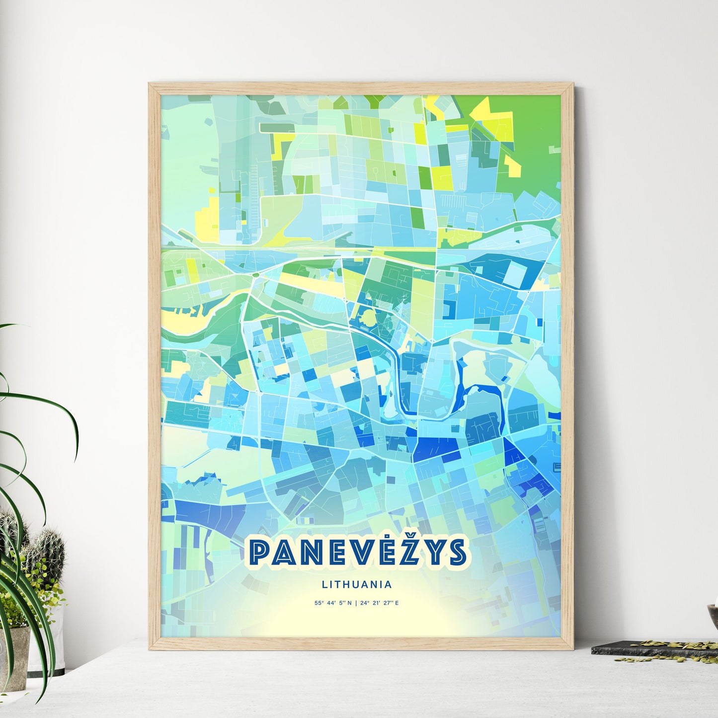 Colorful PANEVĖŽYS LITHUANIA Fine Art Map Cool Blue