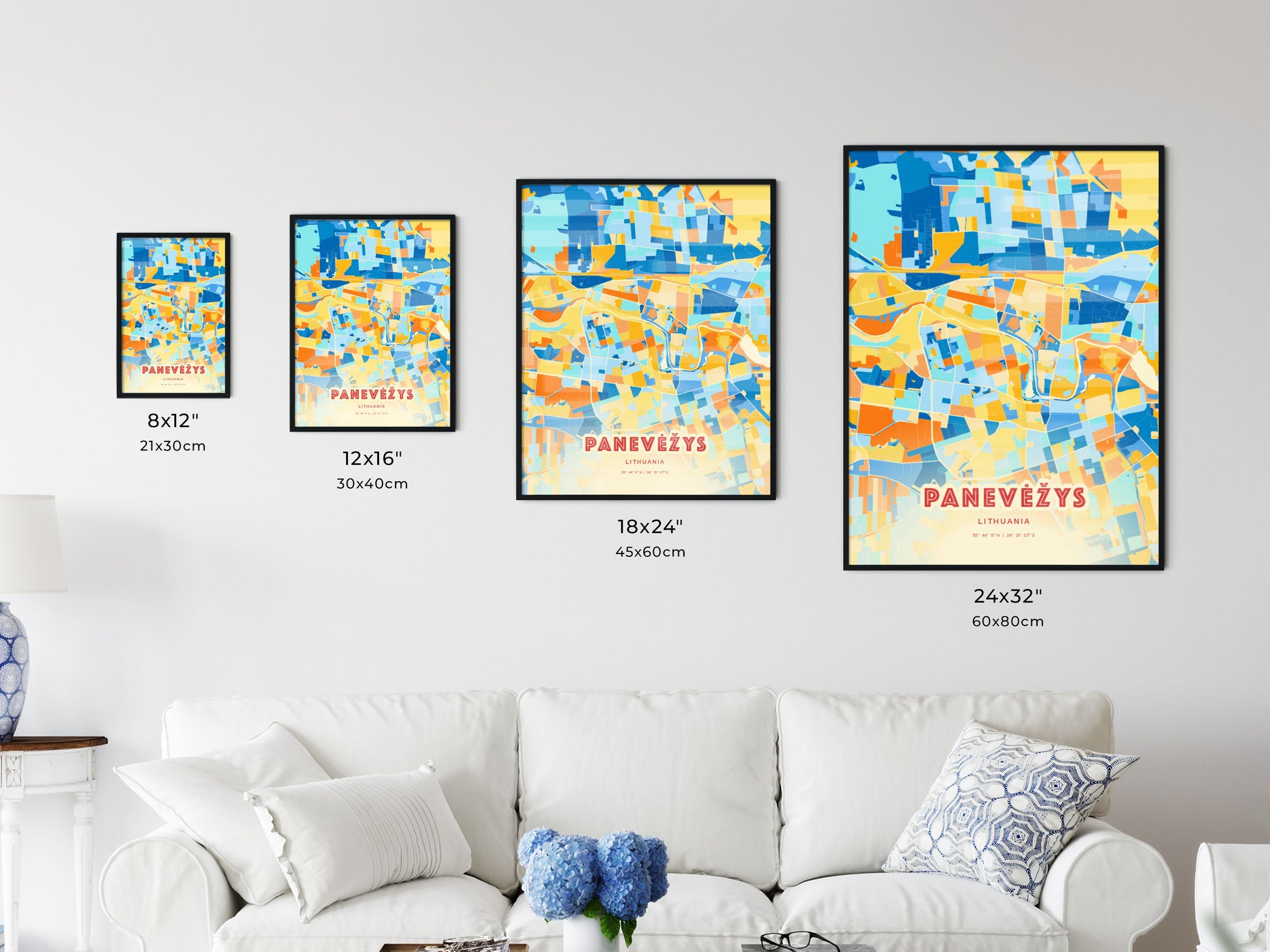 Colorful PANEVĖŽYS LITHUANIA Fine Art Map Blue Orange