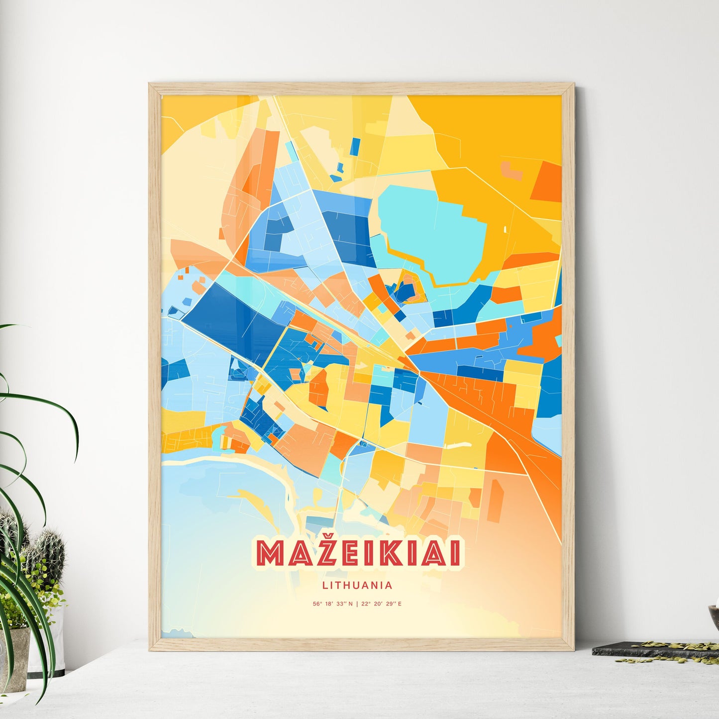 Colorful MAŽEIKIAI LITHUANIA Fine Art Map Blue Orange