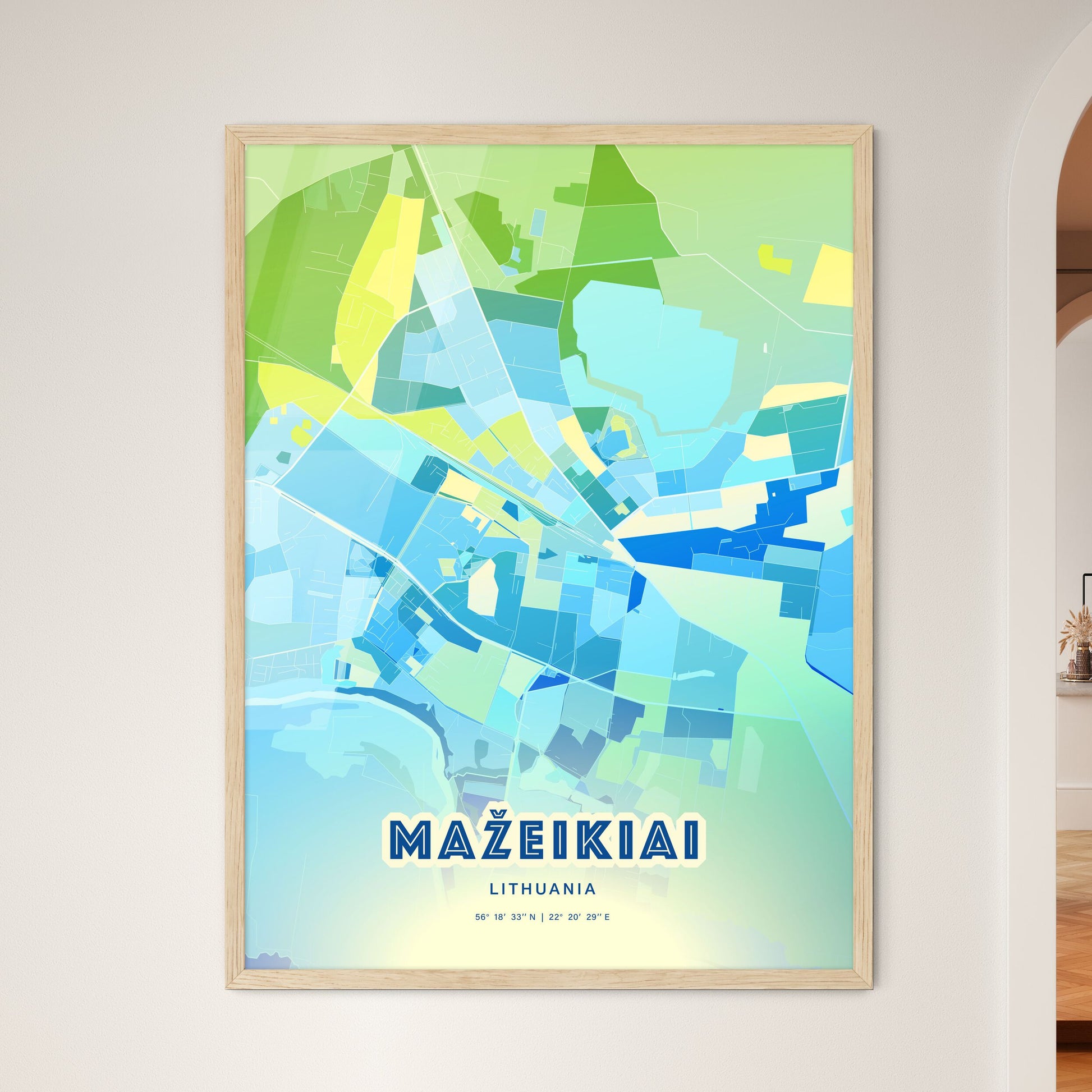 Colorful MAŽEIKIAI LITHUANIA Fine Art Map Cool Blue