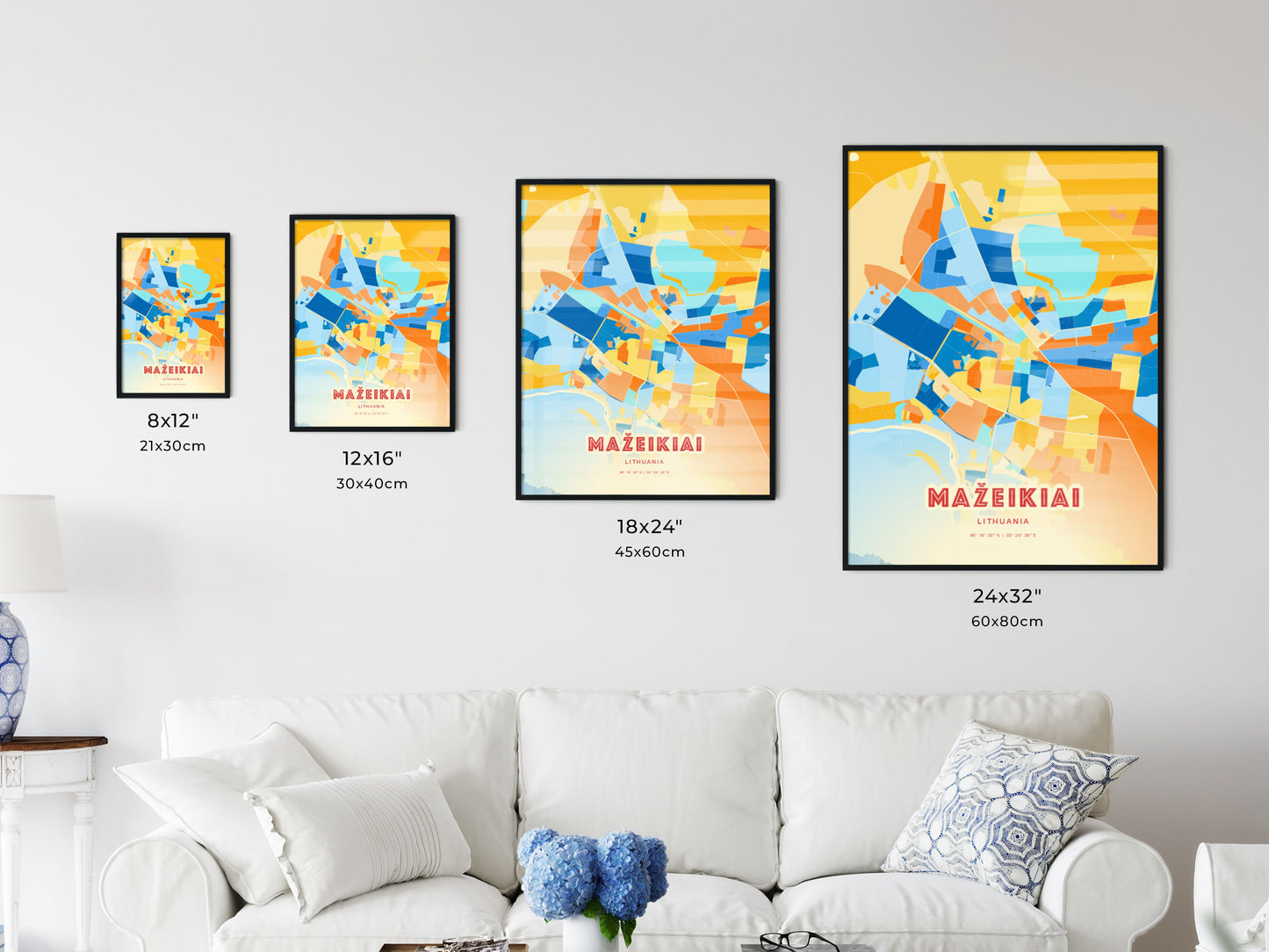 Colorful MAŽEIKIAI LITHUANIA Fine Art Map Blue Orange