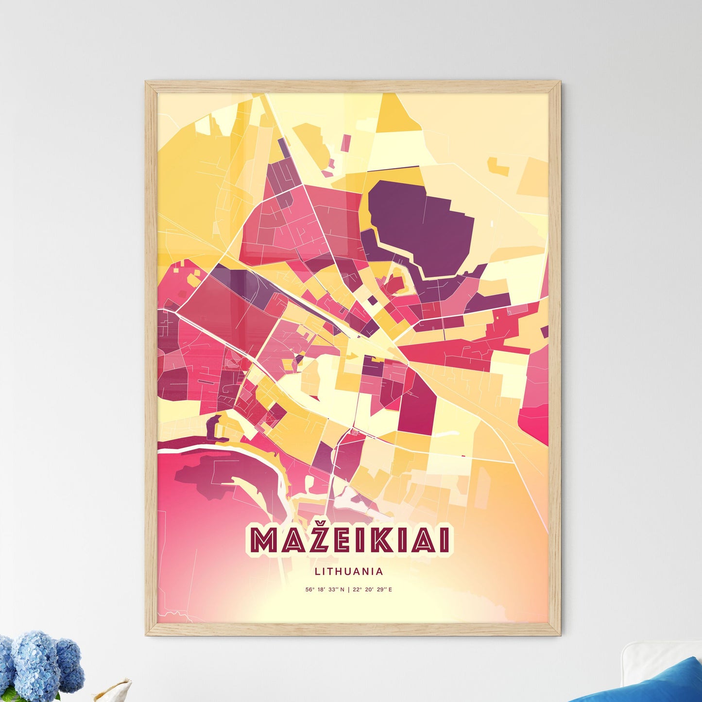 Colorful MAŽEIKIAI LITHUANIA Fine Art Map Hot Red