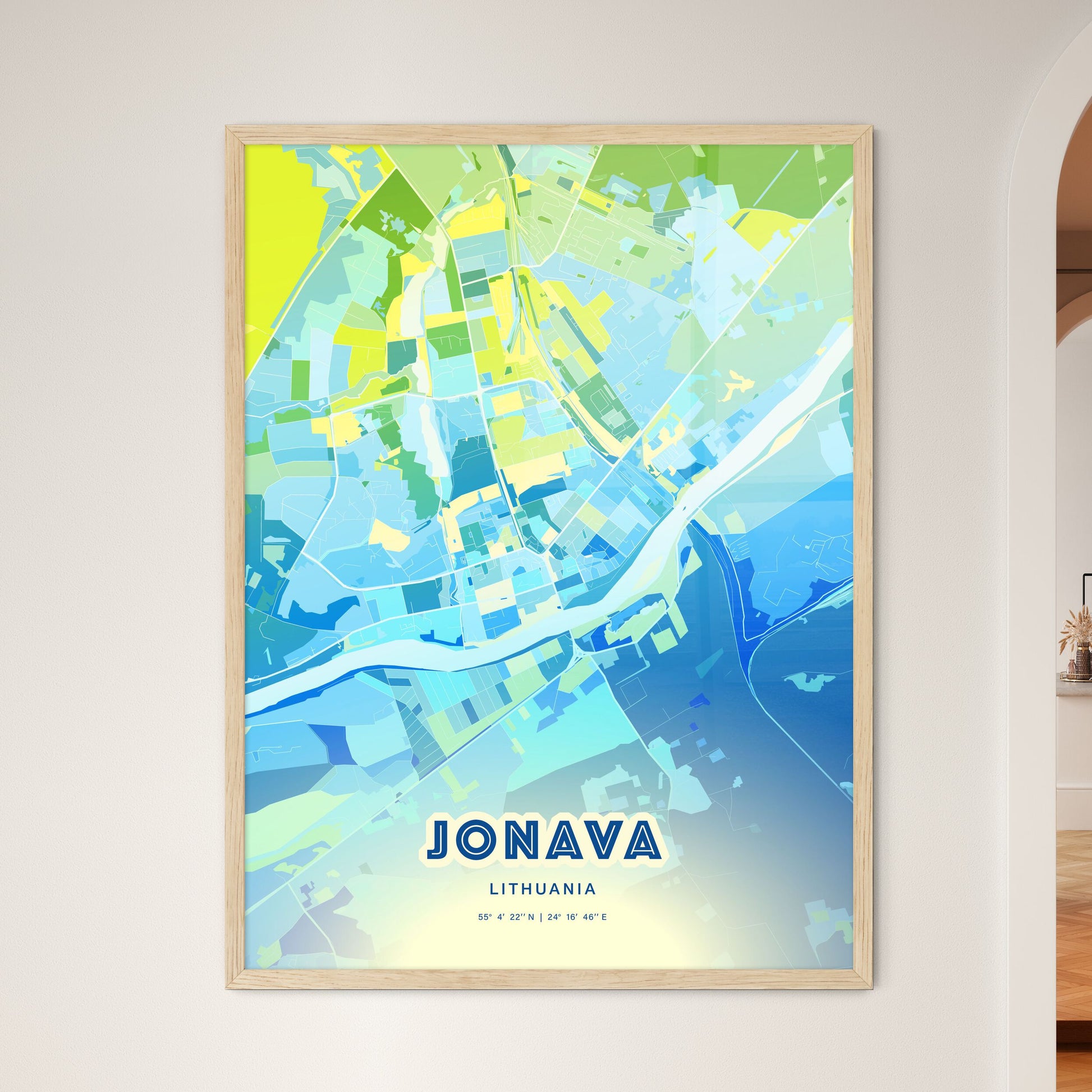 Colorful JONAVA LITHUANIA Fine Art Map Cool Blue