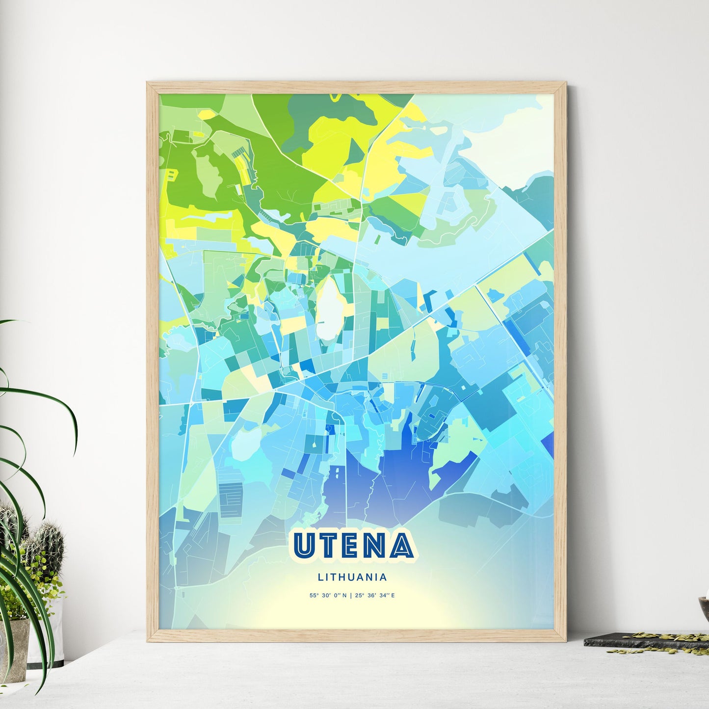 Colorful UTENA LITHUANIA Fine Art Map Cool Blue