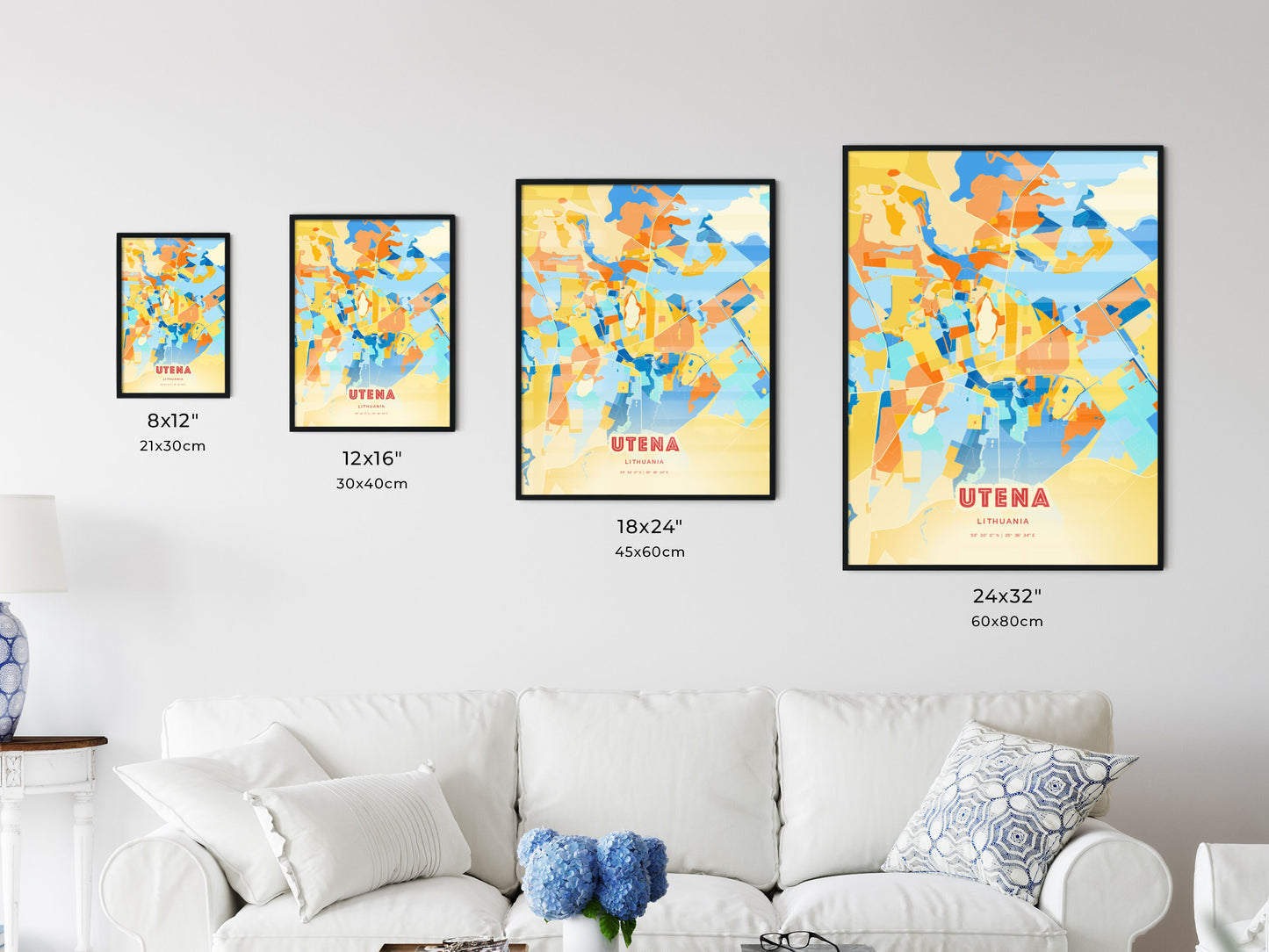 Colorful UTENA LITHUANIA Fine Art Map Blue Orange