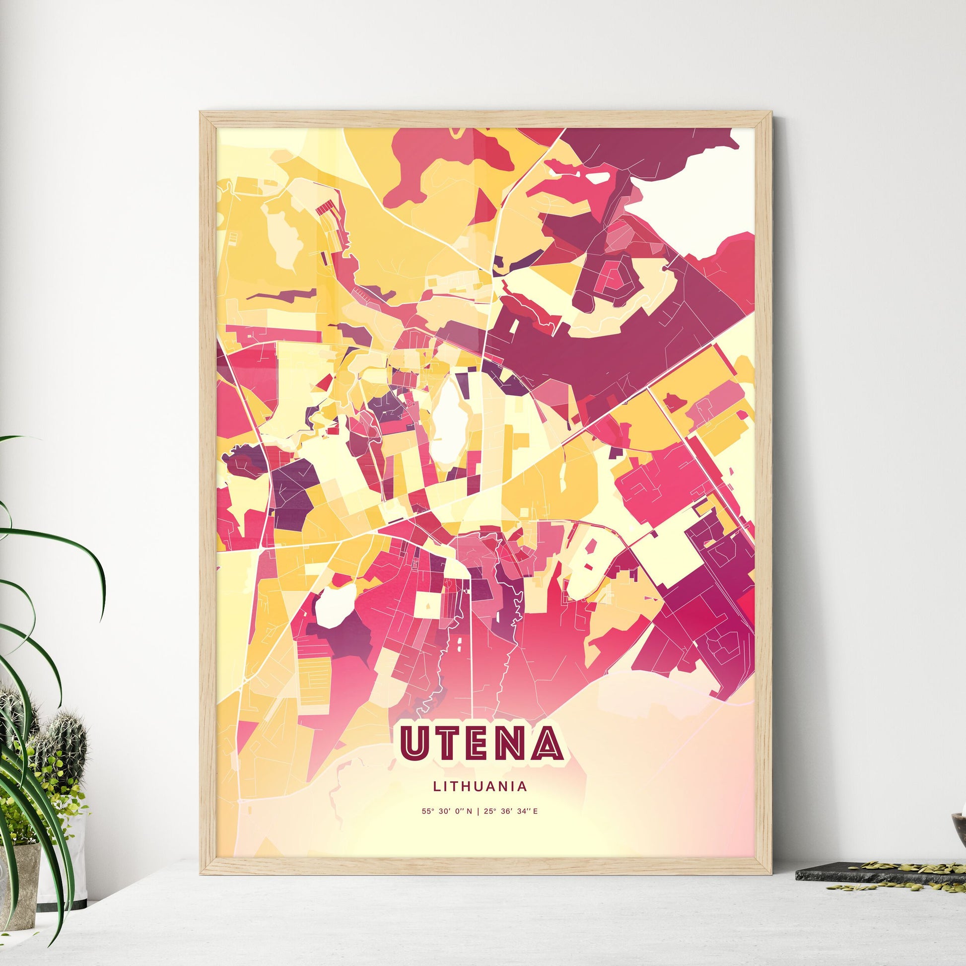 Colorful UTENA LITHUANIA Fine Art Map Hot Red