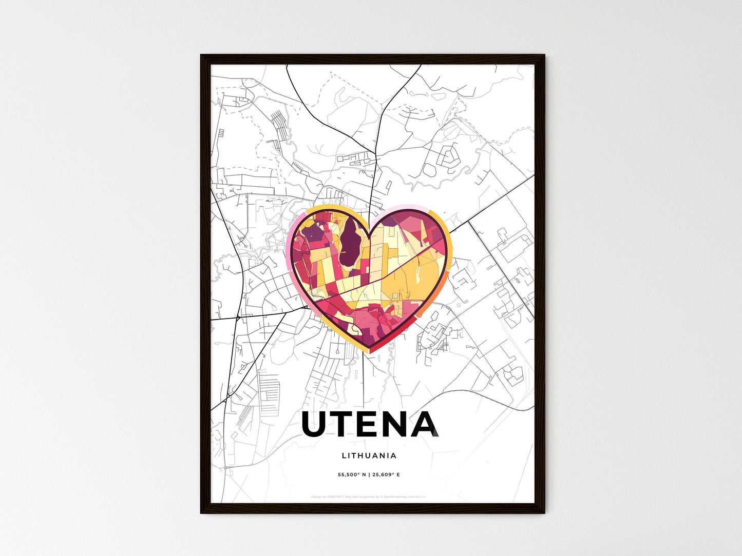 Utena Lithuania wedding art map with heart icon