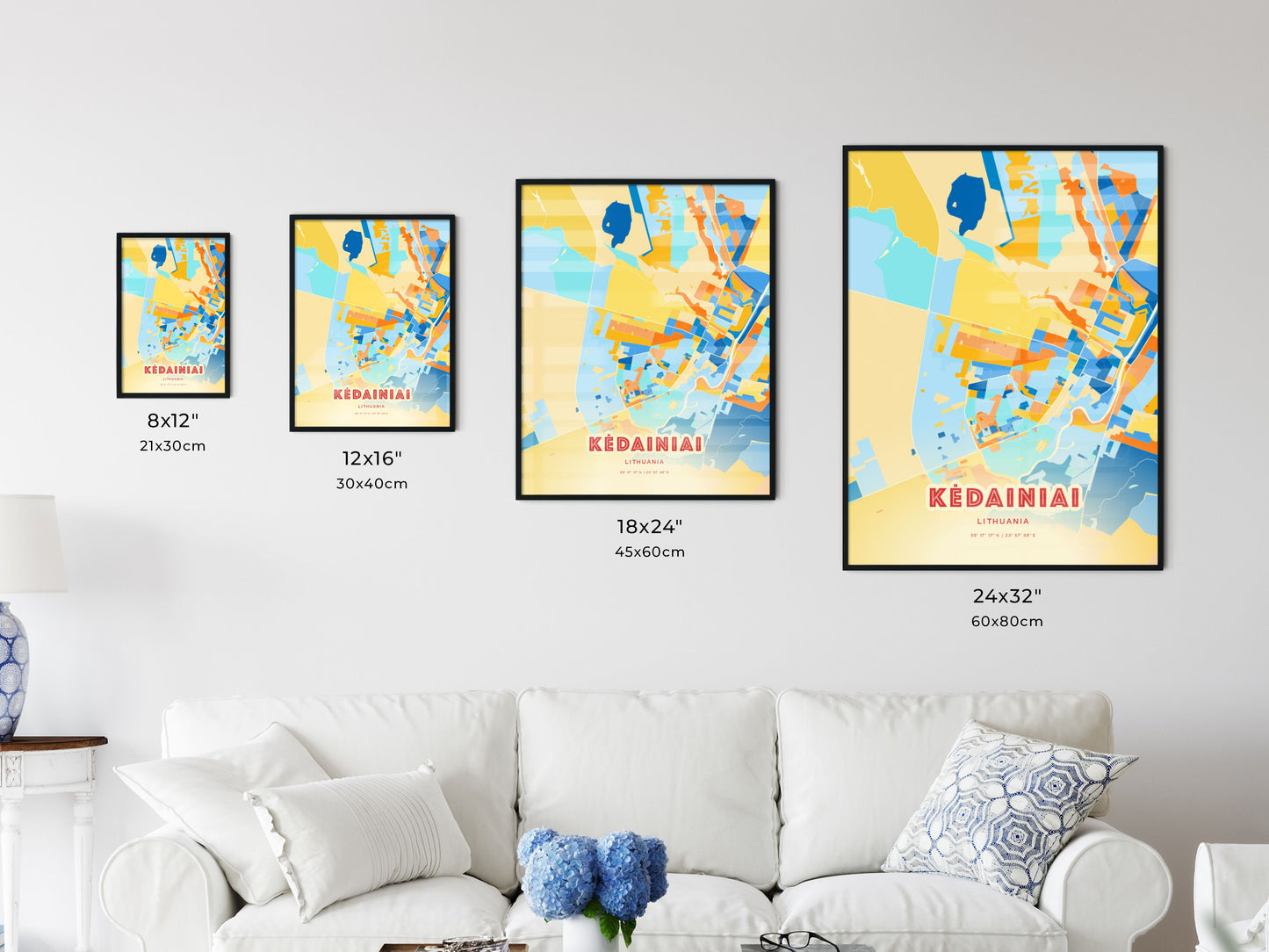 Colorful KĖDAINIAI LITHUANIA Fine Art Map Blue Orange