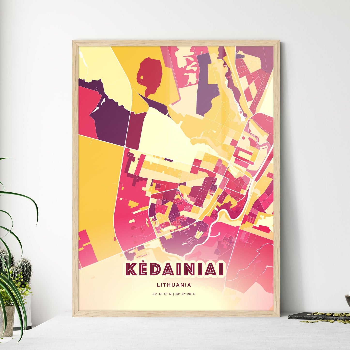 Colorful KĖDAINIAI LITHUANIA Fine Art Map Hot Red