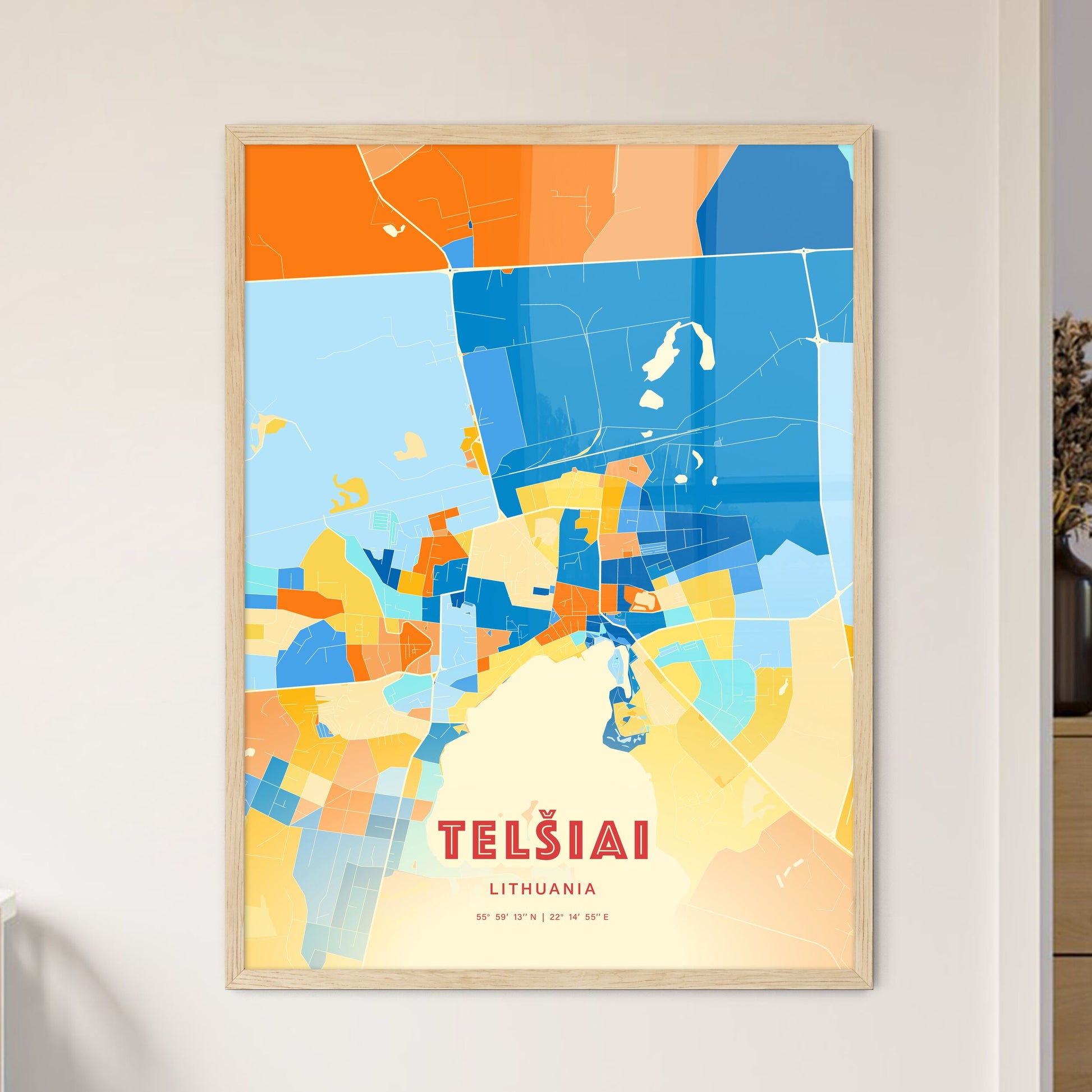 Colorful TELŠIAI LITHUANIA Fine Art Map Blue Orange