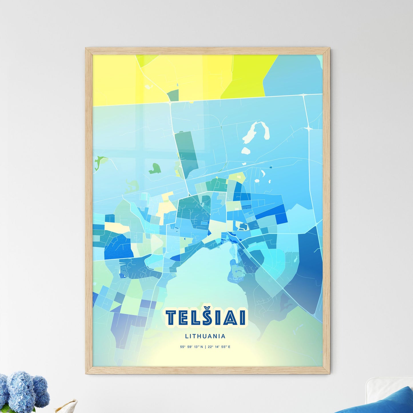 Colorful TELŠIAI LITHUANIA Fine Art Map Cool Blue