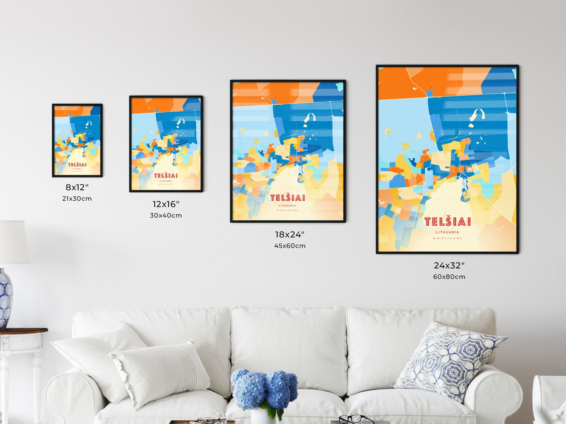 Colorful TELŠIAI LITHUANIA Fine Art Map Blue Orange