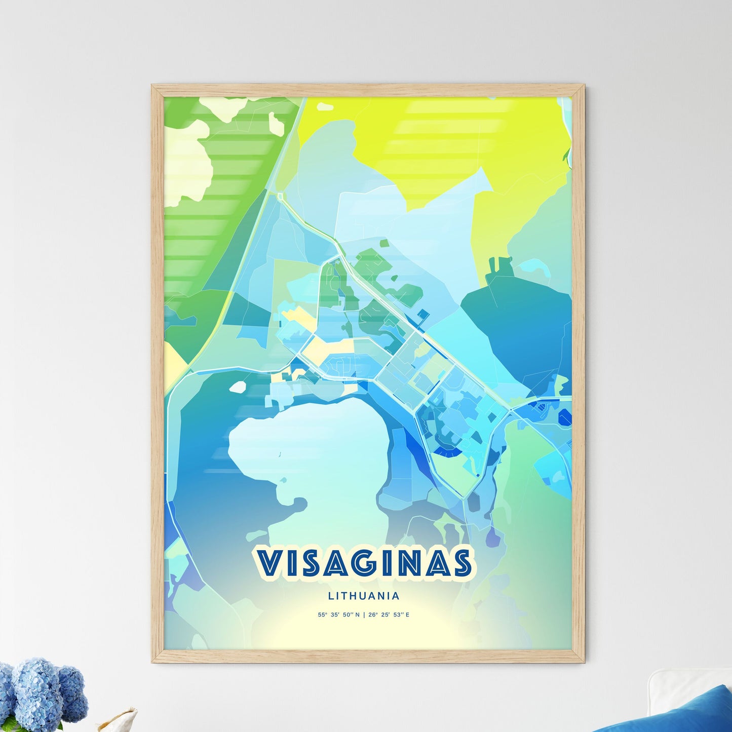 Colorful VISAGINAS LITHUANIA Fine Art Map Cool Blue