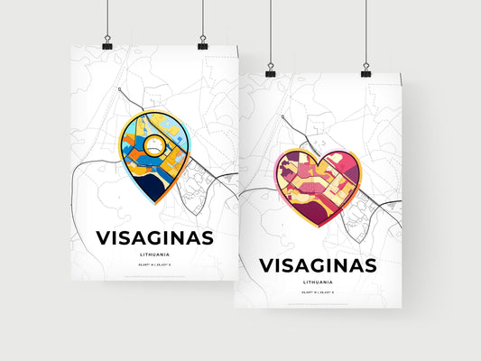 VISAGINAS LITHUANIA minimal art map with a colorful icon. Where it all began, Couple map gift.