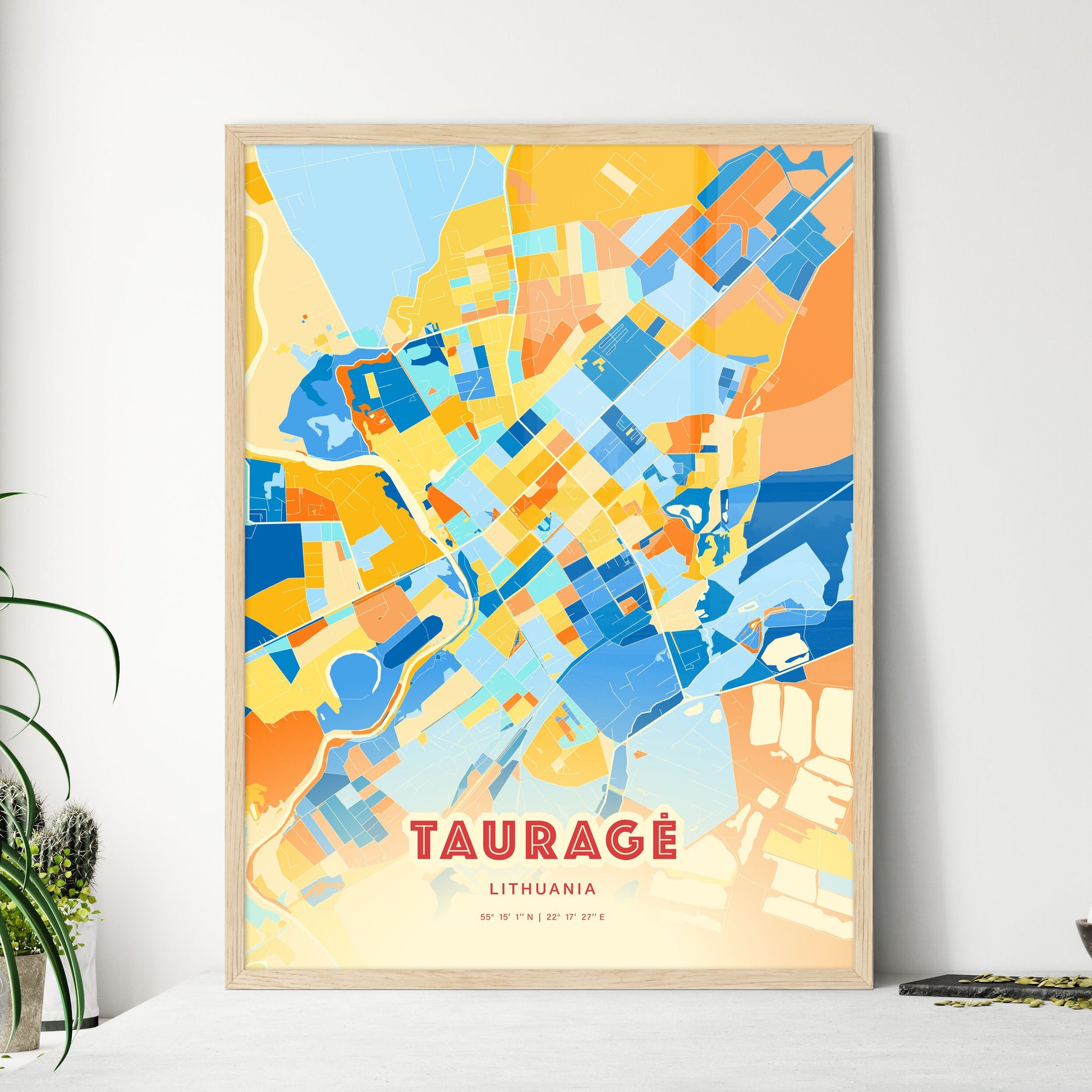 Colorful TAURAGĖ LITHUANIA Fine Art Map Blue Orange