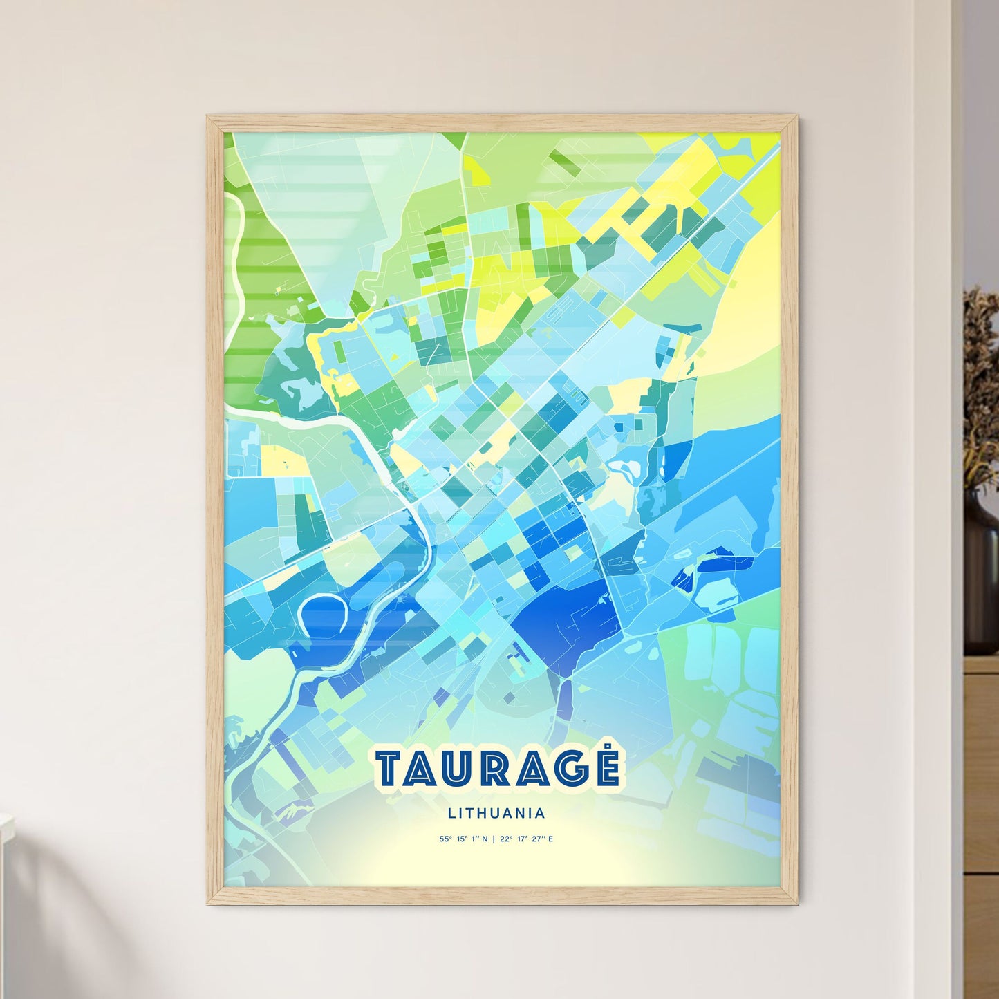 Colorful TAURAGĖ LITHUANIA Fine Art Map Cool Blue