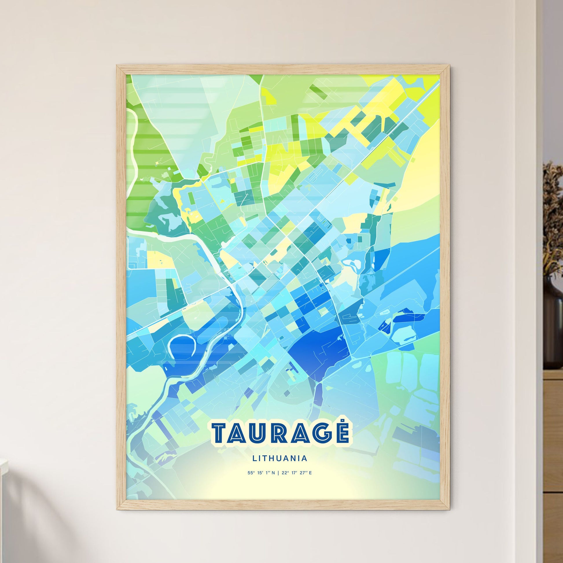 Colorful TAURAGĖ LITHUANIA Fine Art Map Cool Blue