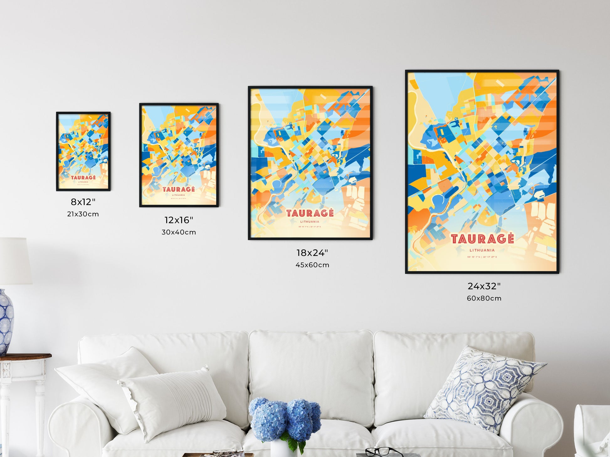 Colorful TAURAGĖ LITHUANIA Fine Art Map Blue Orange