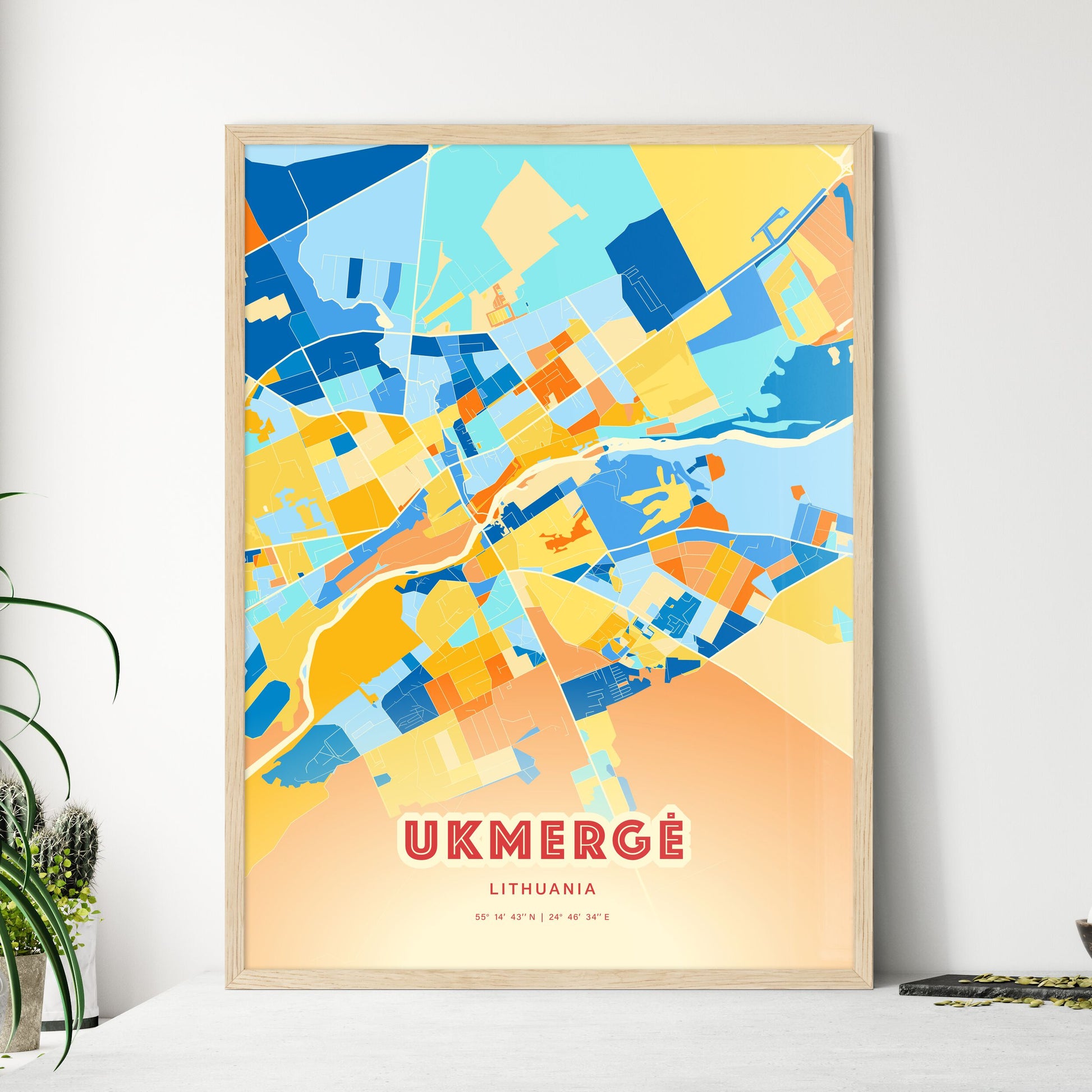 Colorful UKMERGĖ LITHUANIA Fine Art Map Blue Orange