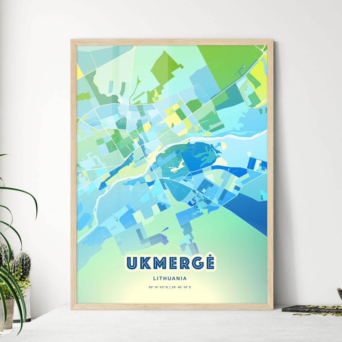 Colorful UKMERGĖ LITHUANIA Fine Art Map Cool Blue