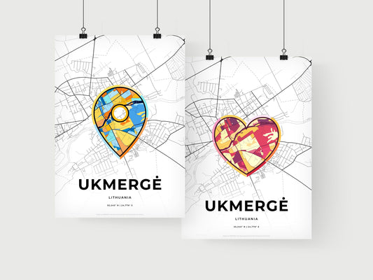 UKMERGĖ LITHUANIA minimal art map with a colorful icon. Where it all began, Couple map gift.