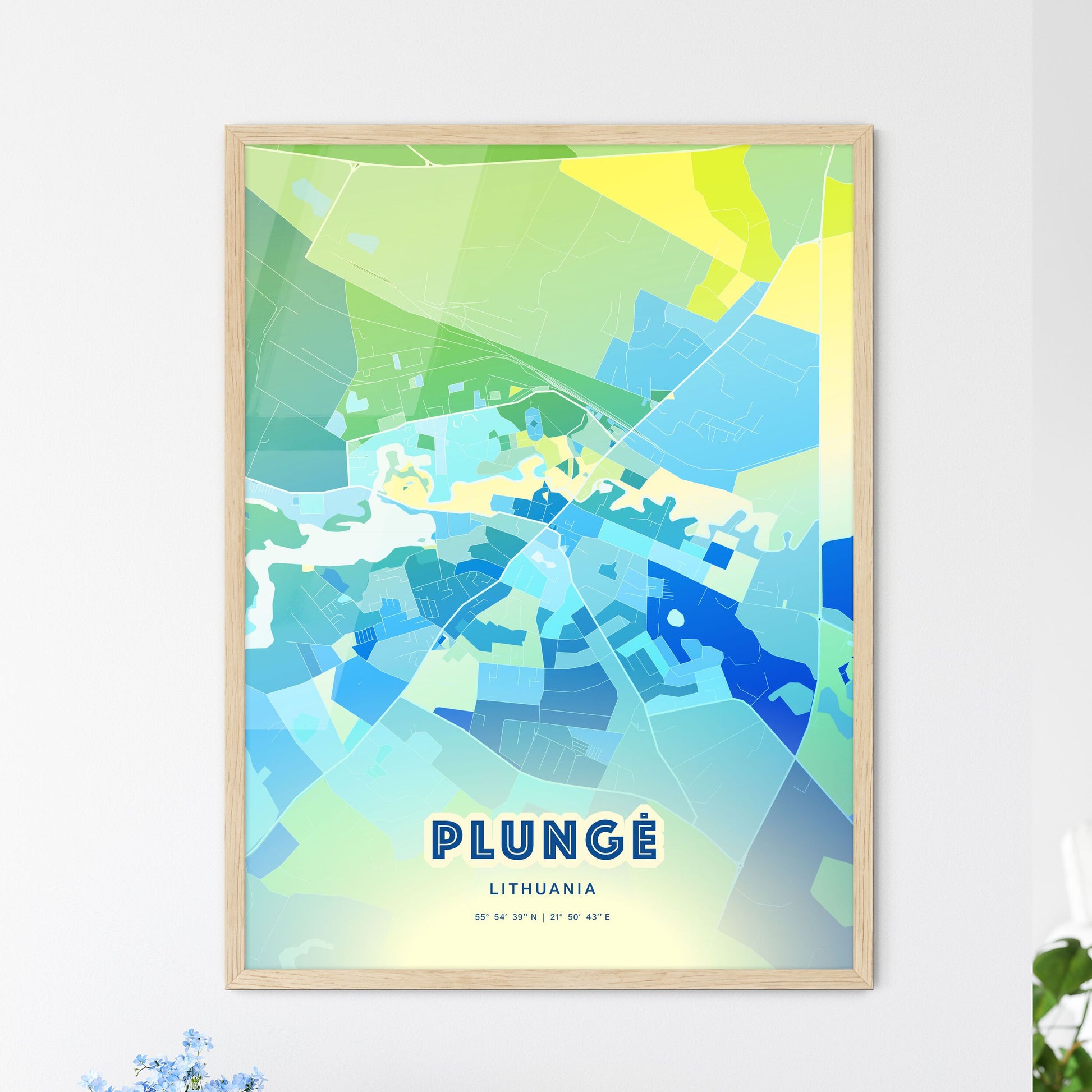 Colorful PLUNGĖ LITHUANIA Fine Art Map Cool Blue