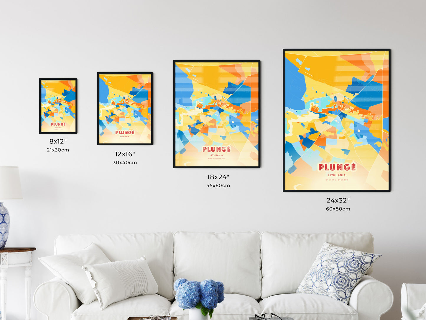 Colorful PLUNGĖ LITHUANIA Fine Art Map Blue Orange