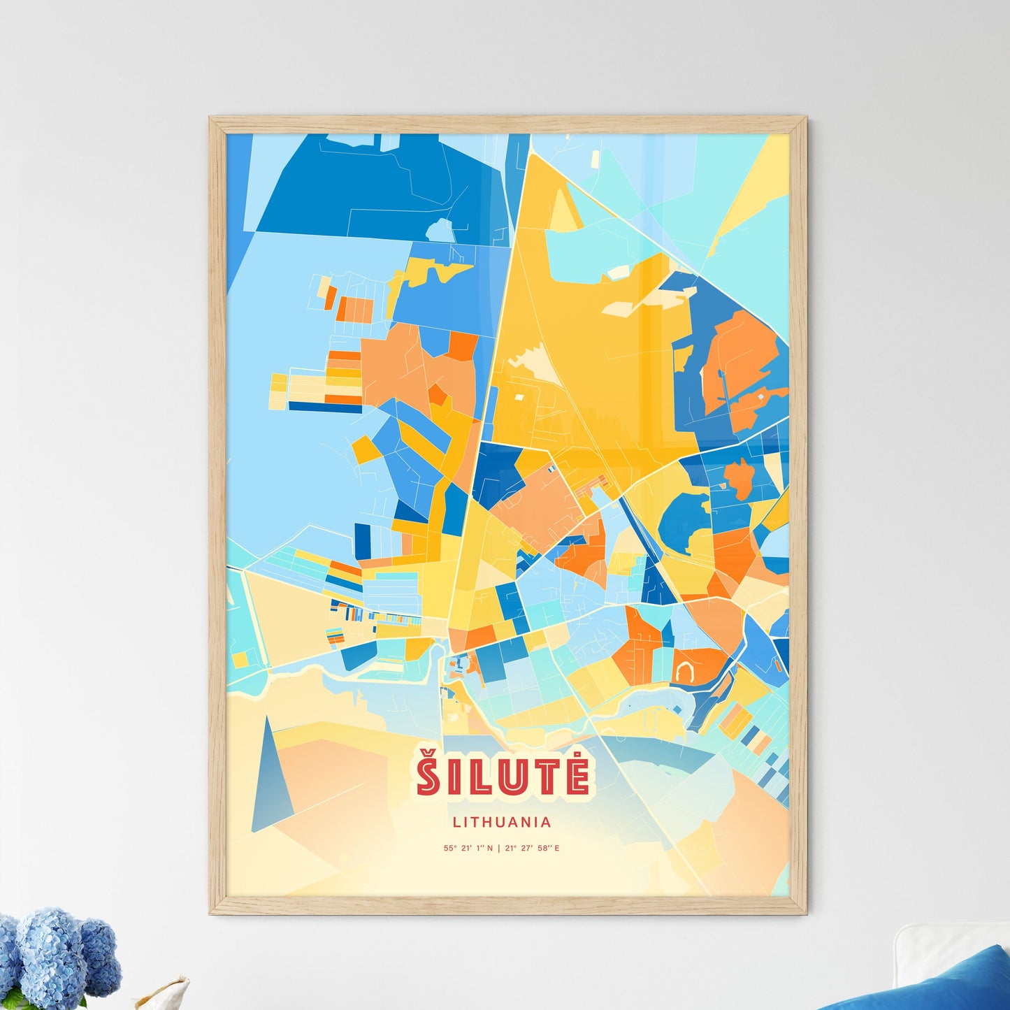 Colorful ŠILUTĖ LITHUANIA Fine Art Map Blue Orange