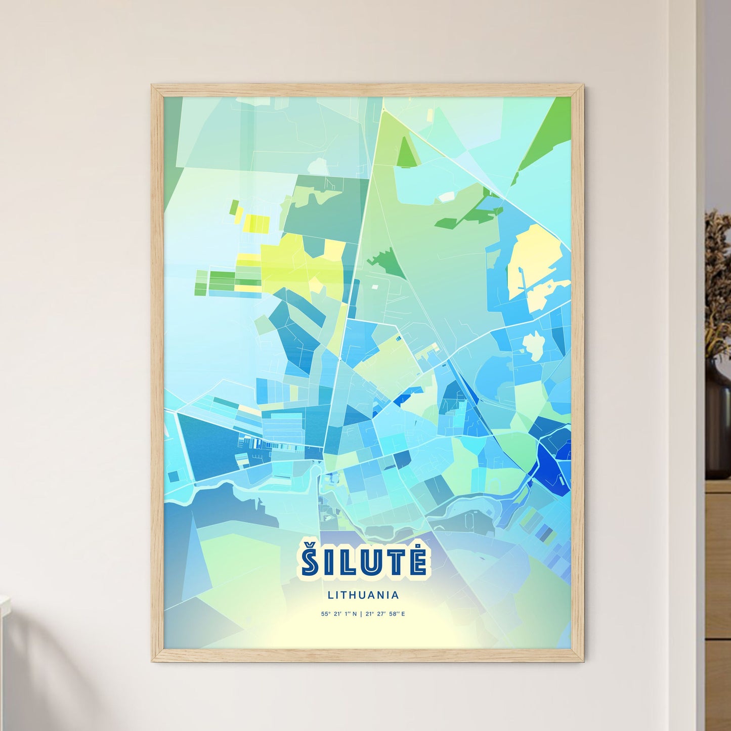 Colorful ŠILUTĖ LITHUANIA Fine Art Map Cool Blue