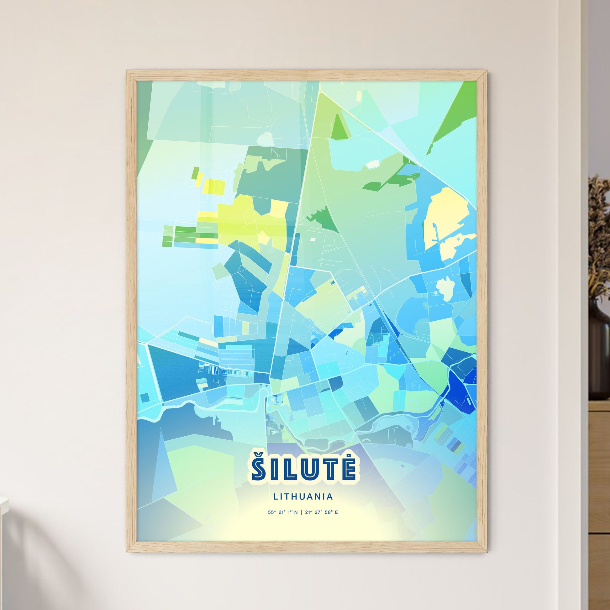 Colorful ŠILUTĖ LITHUANIA Fine Art Map Cool Blue