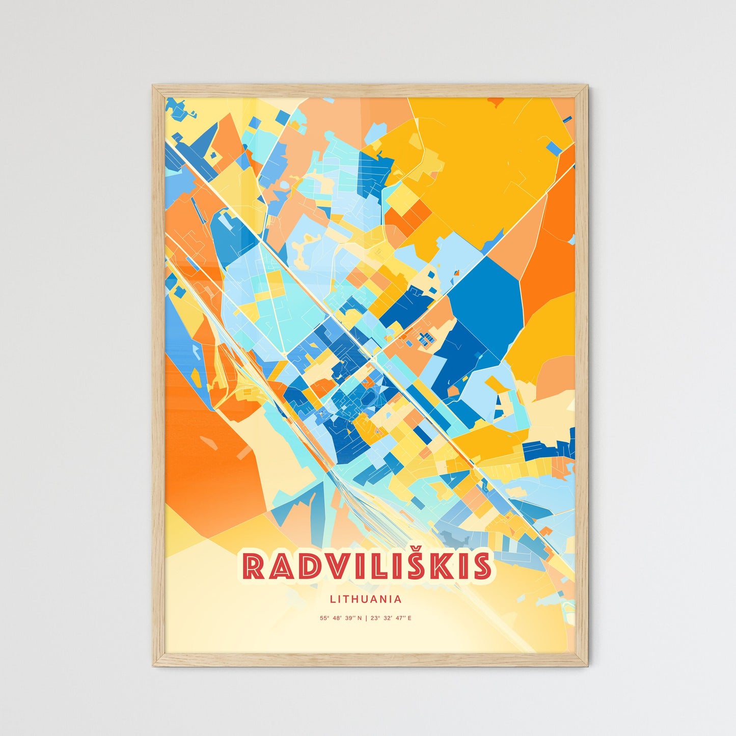 Colorful RADVILIŠKIS LITHUANIA Fine Art Map Blue Orange