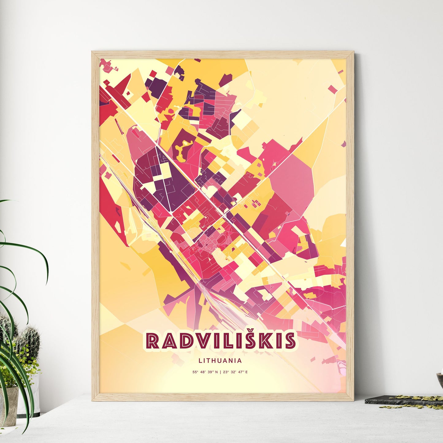 Colorful RADVILIŠKIS LITHUANIA Fine Art Map Hot Red