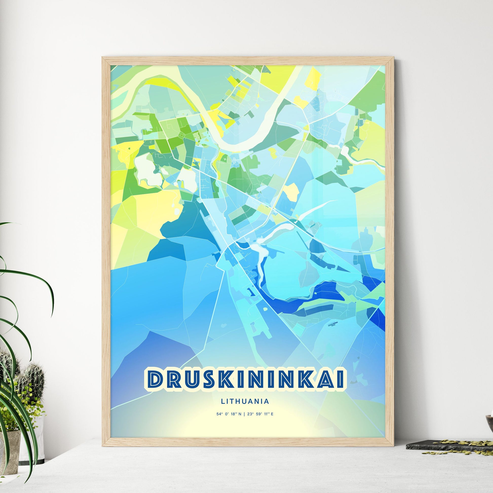 Colorful DRUSKININKAI LITHUANIA Fine Art Map Cool Blue