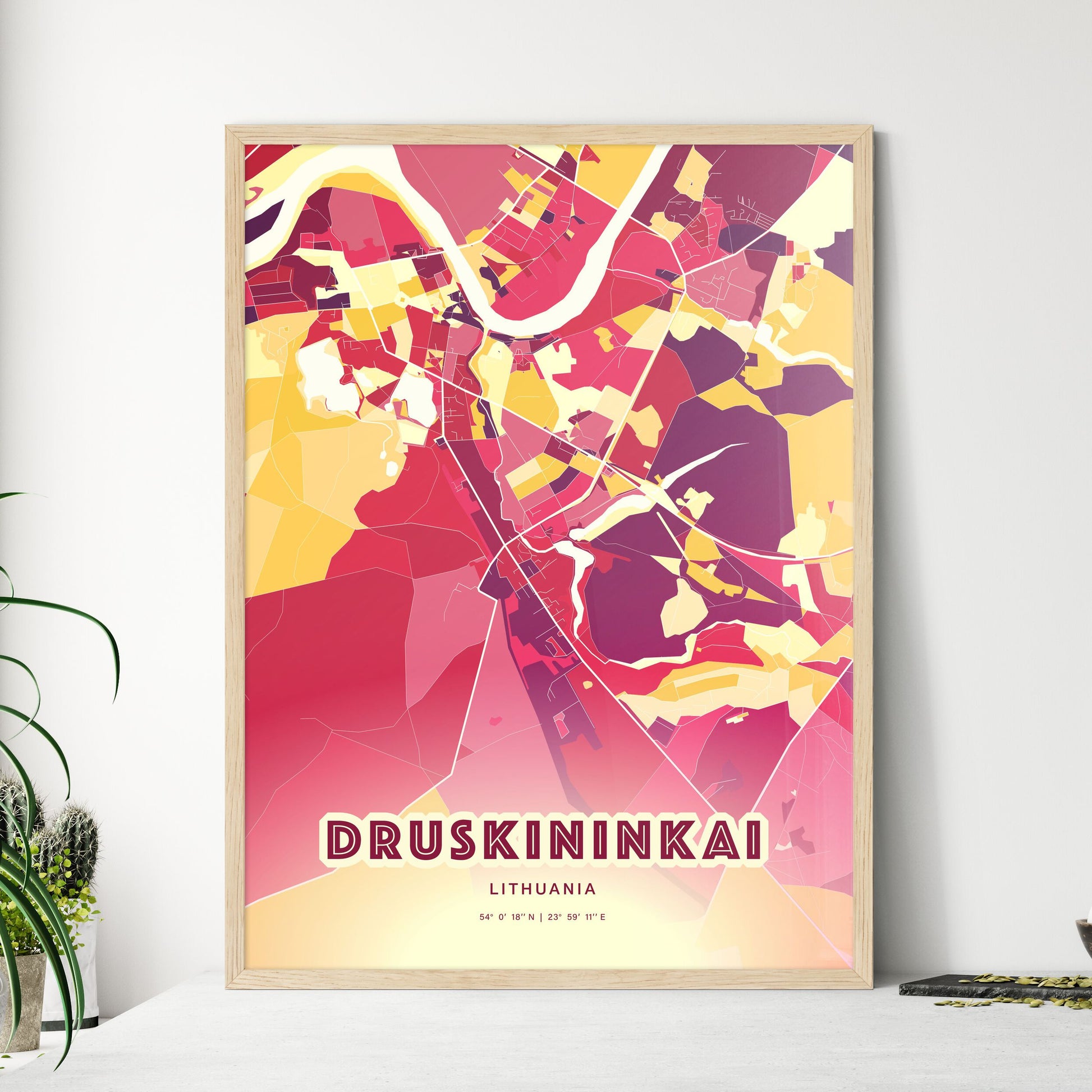 Colorful DRUSKININKAI LITHUANIA Fine Art Map Hot Red