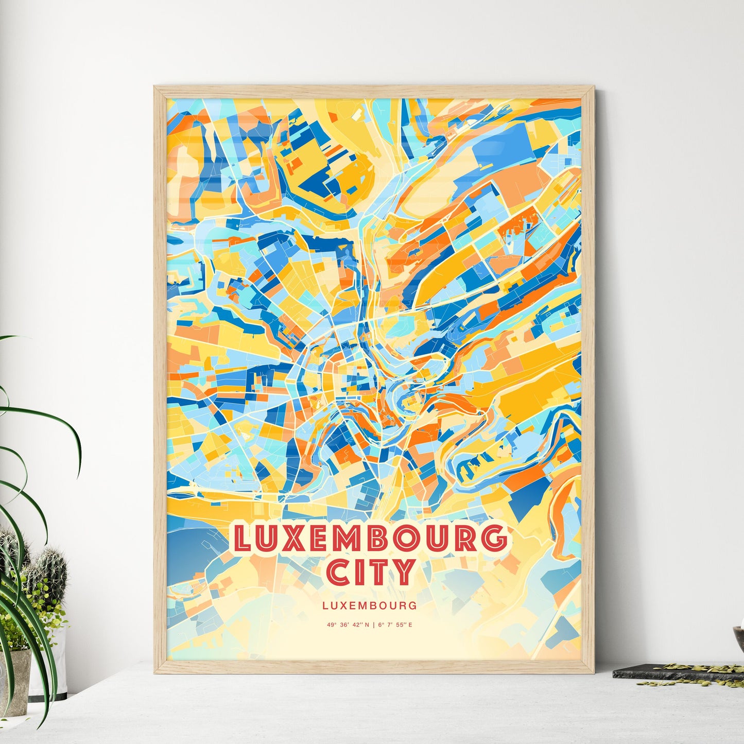 Colorful LUXEMBOURG CITY LUXEMBOURG Fine Art Map Blue Orange