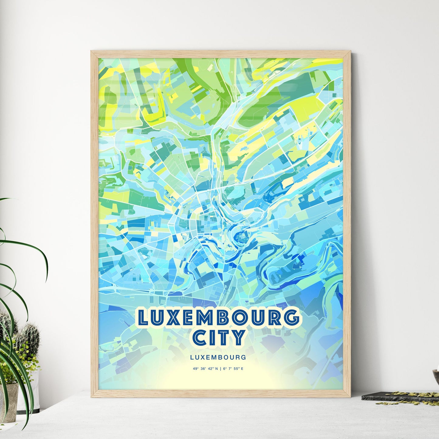 Colorful LUXEMBOURG CITY LUXEMBOURG Fine Art Map Cool Blue