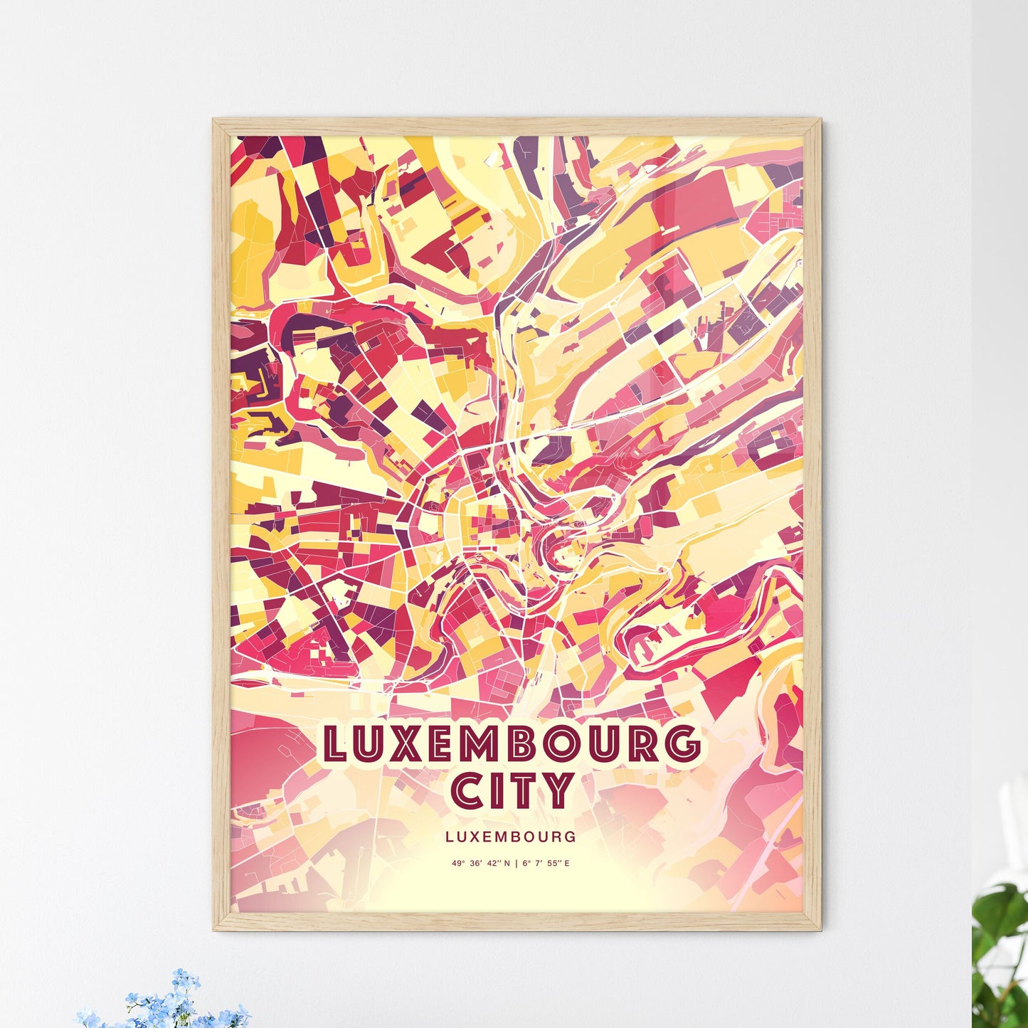 Colorful LUXEMBOURG CITY LUXEMBOURG Fine Art Map Hot Red