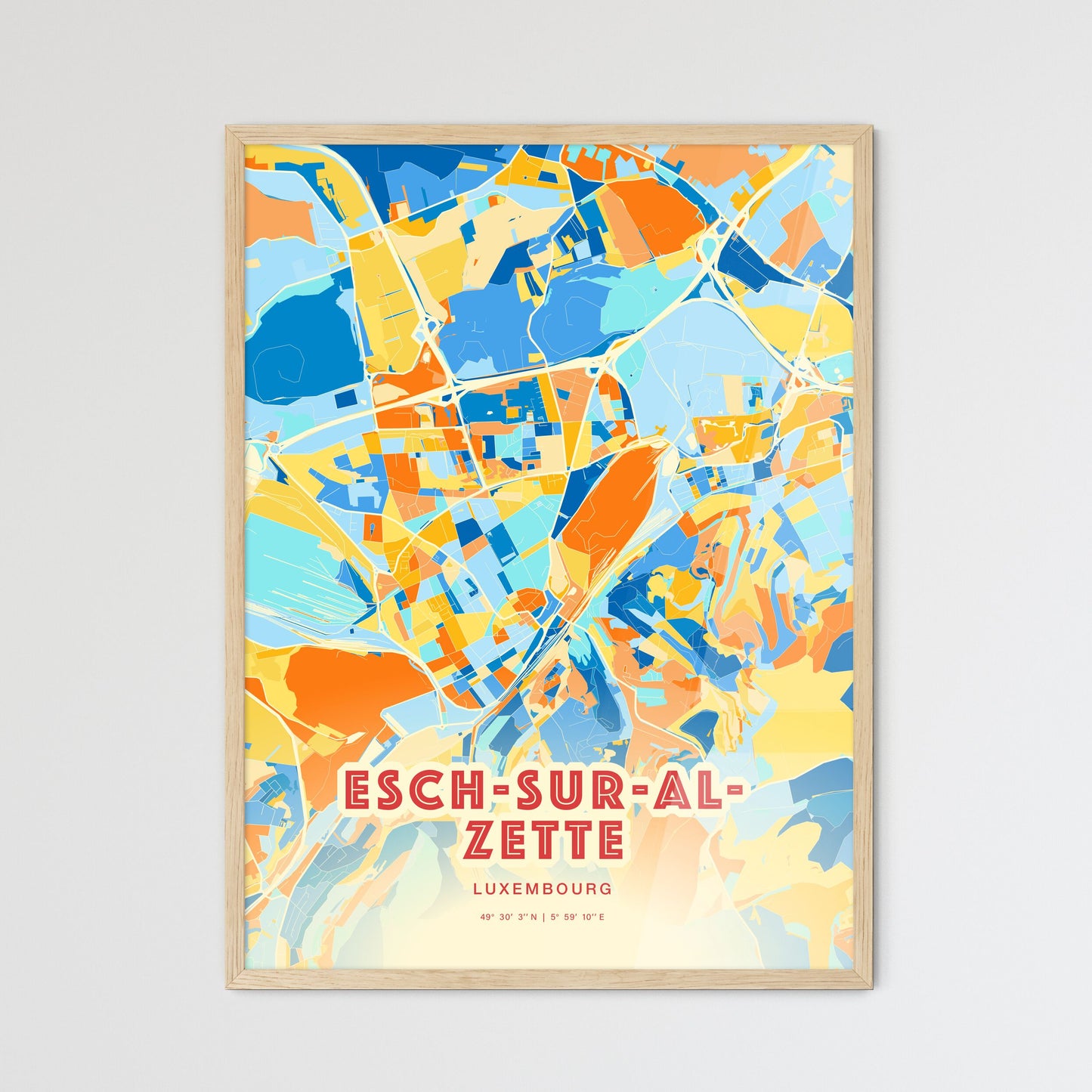 Colorful ESCH-SUR-ALZETTE LUXEMBOURG Fine Art Map Blue Orange