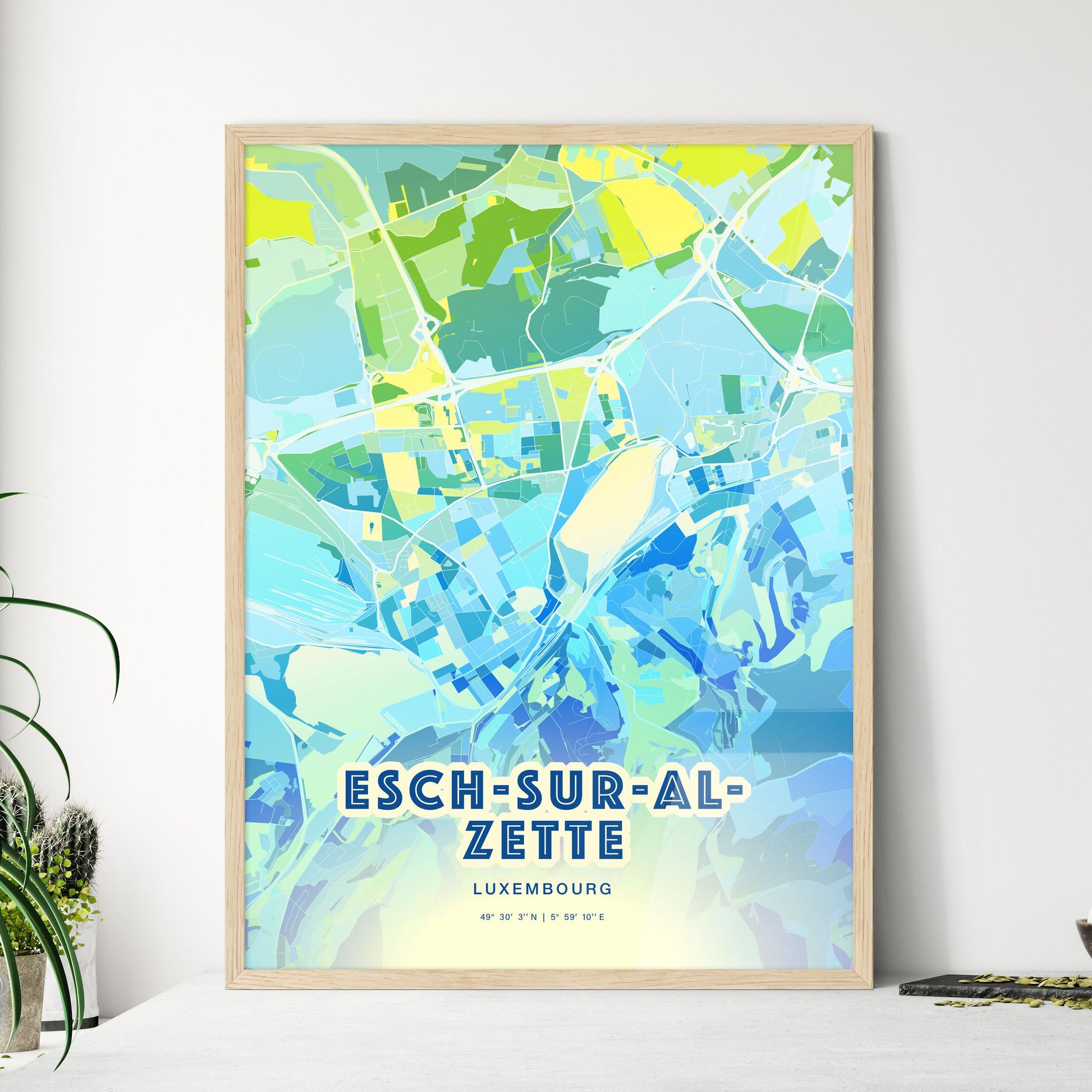 Colorful ESCH-SUR-ALZETTE LUXEMBOURG Fine Art Map Cool Blue