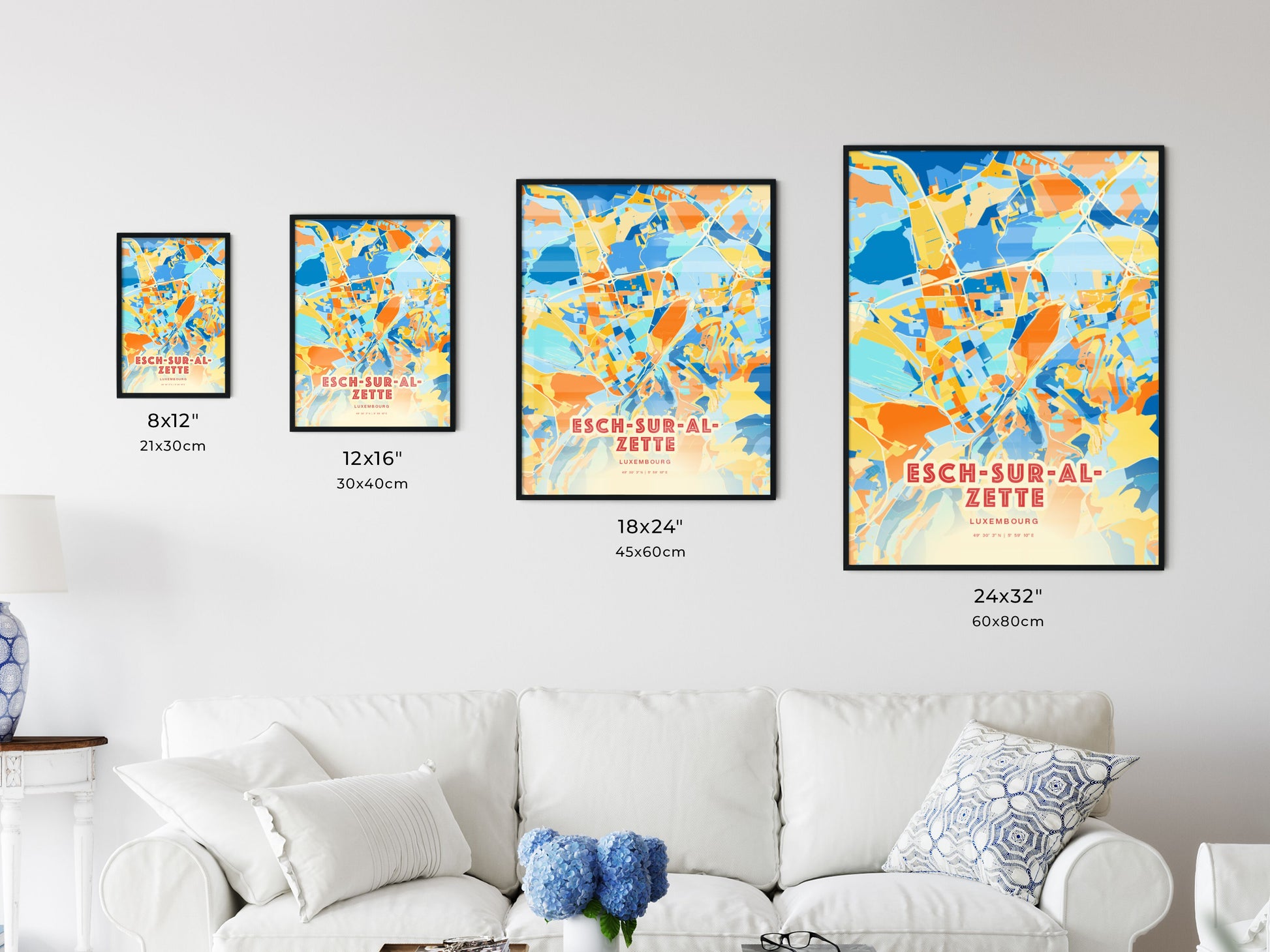 Colorful ESCH-SUR-ALZETTE LUXEMBOURG Fine Art Map Blue Orange