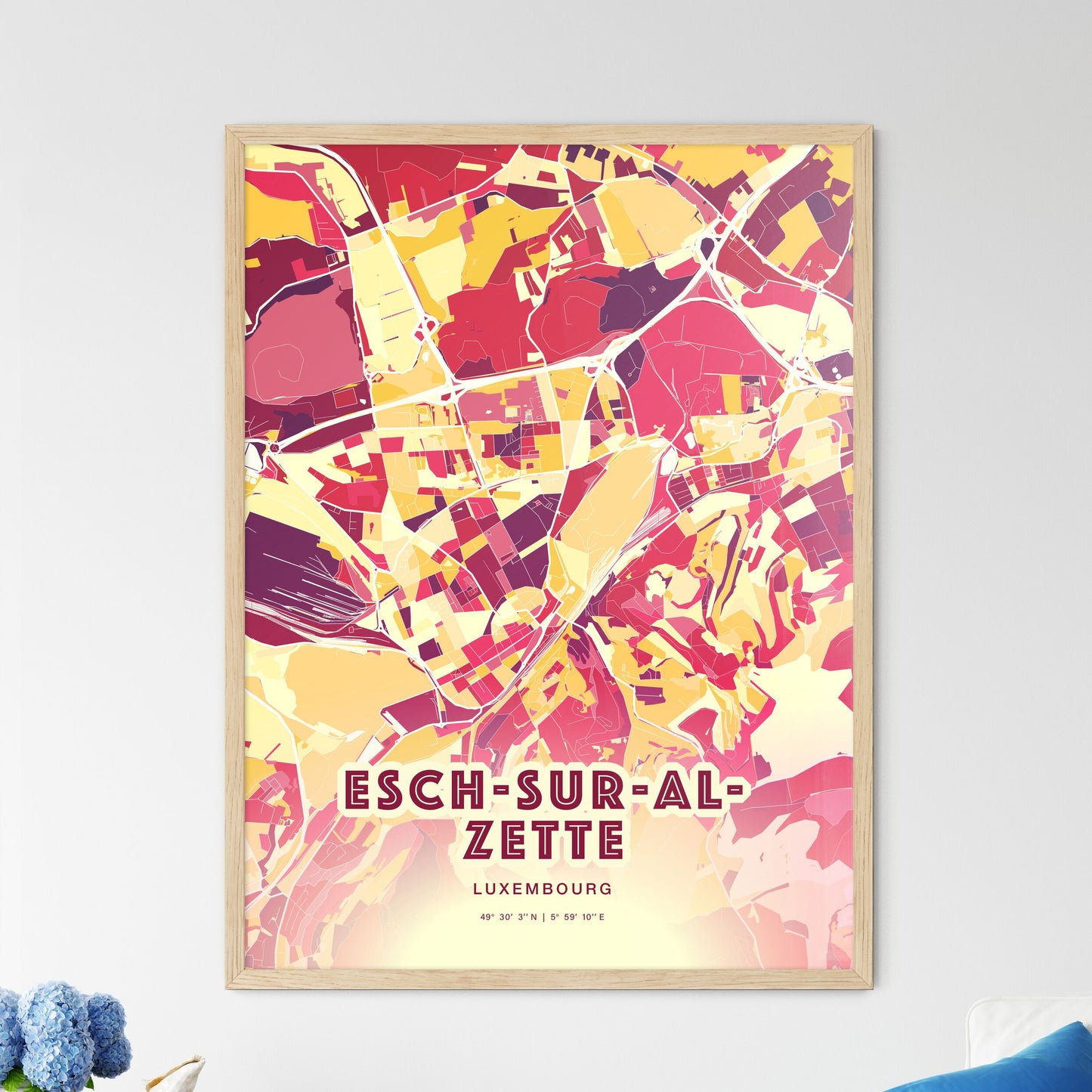 Colorful ESCH-SUR-ALZETTE LUXEMBOURG Fine Art Map Hot Red