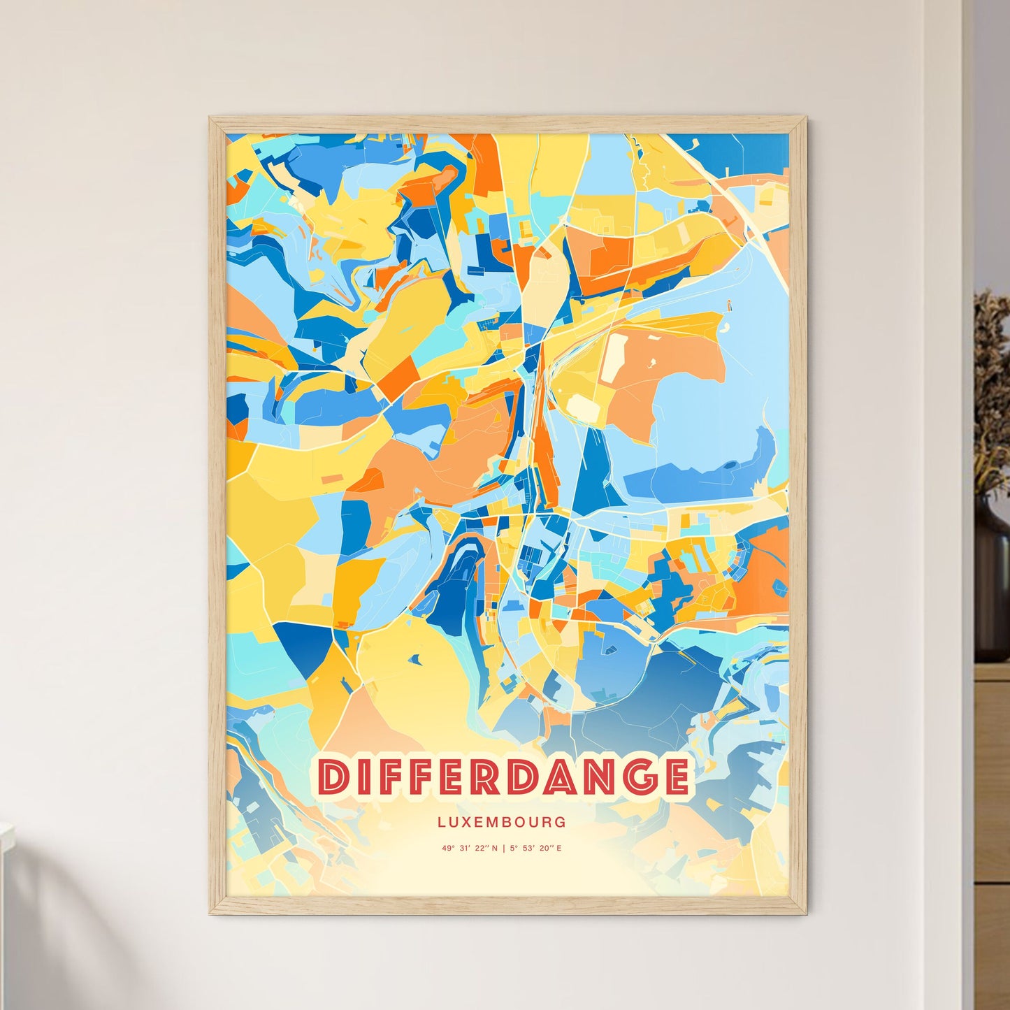 Colorful DIFFERDANGE LUXEMBOURG Fine Art Map Blue Orange