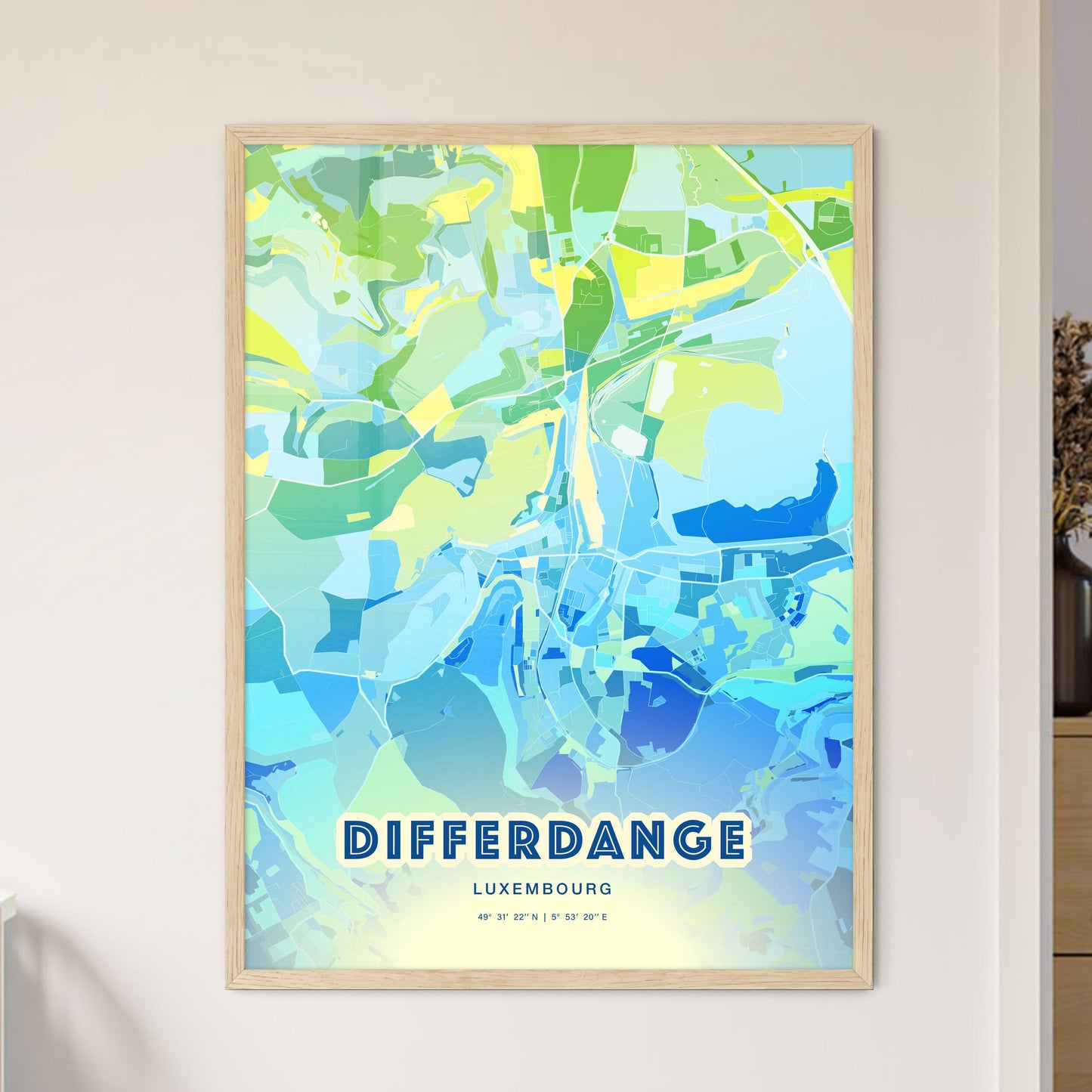 Colorful DIFFERDANGE LUXEMBOURG Fine Art Map Cool Blue