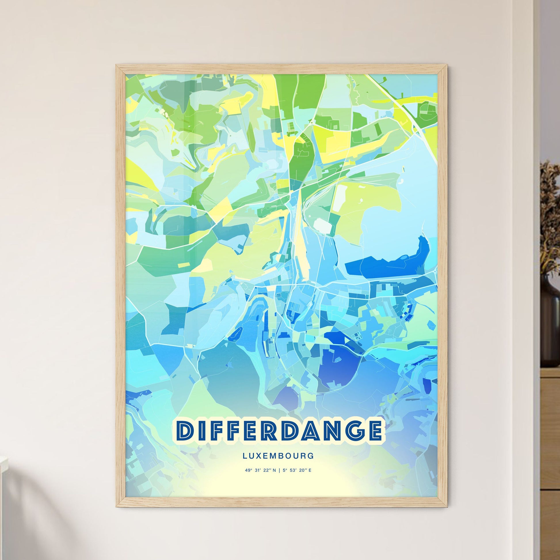 Colorful DIFFERDANGE LUXEMBOURG Fine Art Map Cool Blue