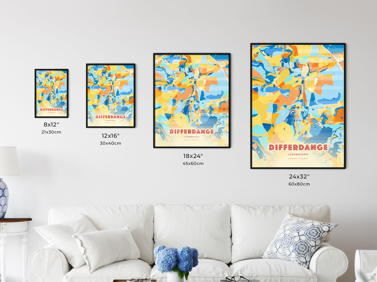 Colorful DIFFERDANGE LUXEMBOURG Fine Art Map Blue Orange