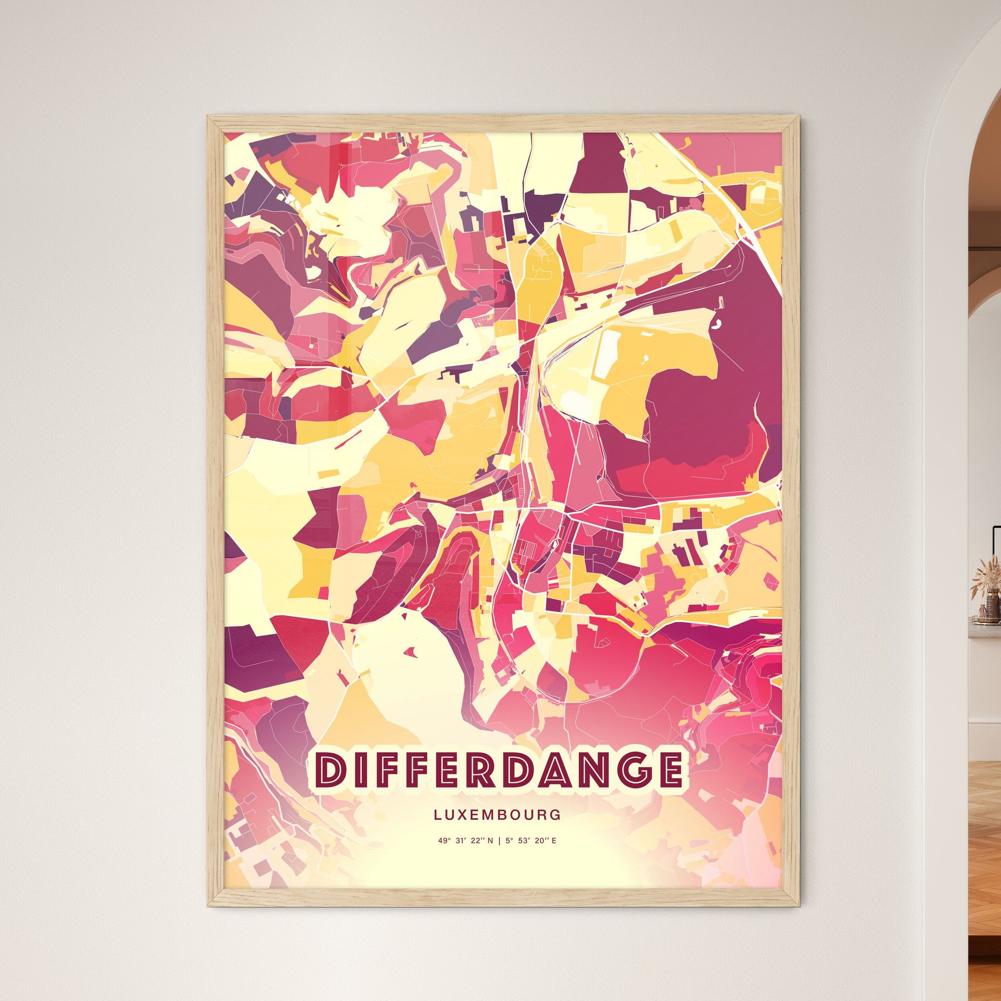 Colorful DIFFERDANGE LUXEMBOURG Fine Art Map Hot Red