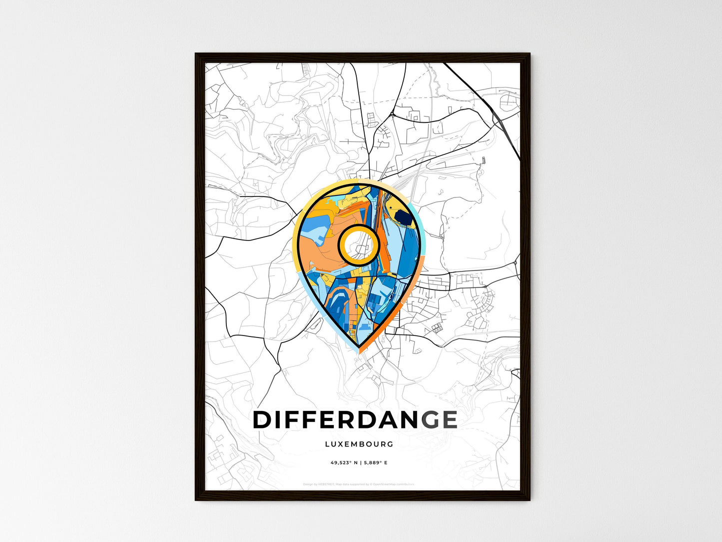 Differdange Luxembourg wedding art map with pointer icon